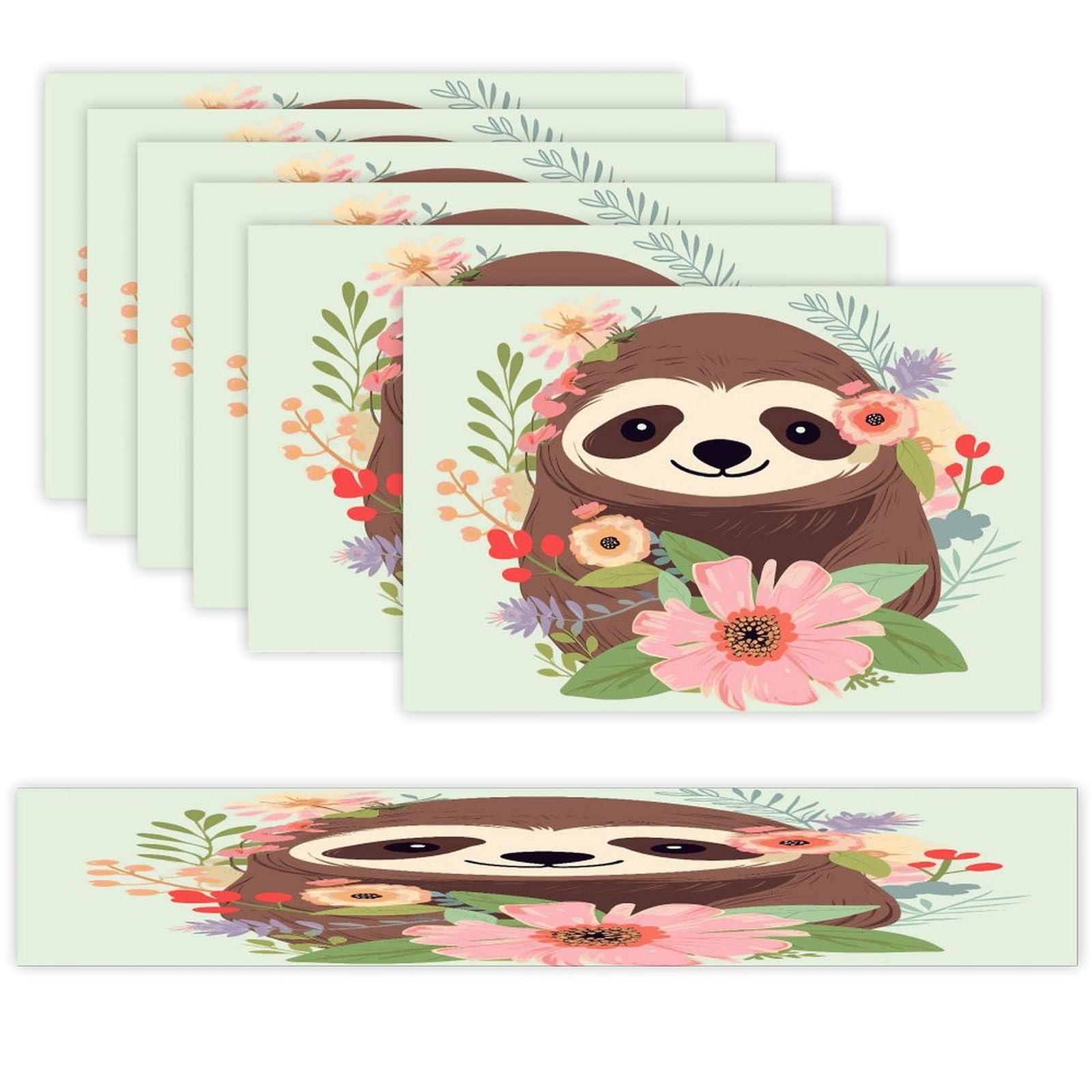 Sloth and Flowers Table Runner and Placemats of 6 Washable Heat Resistant Place Mats with Table Runner Vintage Holiday Table Mat Set for Holiday Party Kitchen Dining Deco
