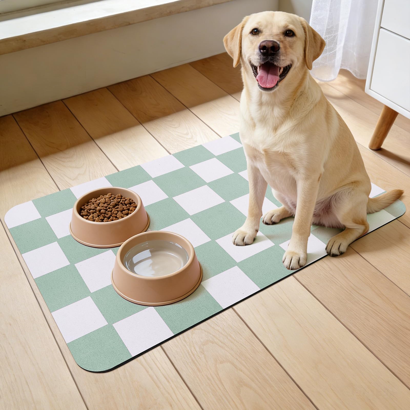Guittly Pet Feeding Mat Absorbent, Cat Dog Food Mat 60x40cm, Non Slip Pet Placemat for Dogs Cats (Green, 60x40cm)