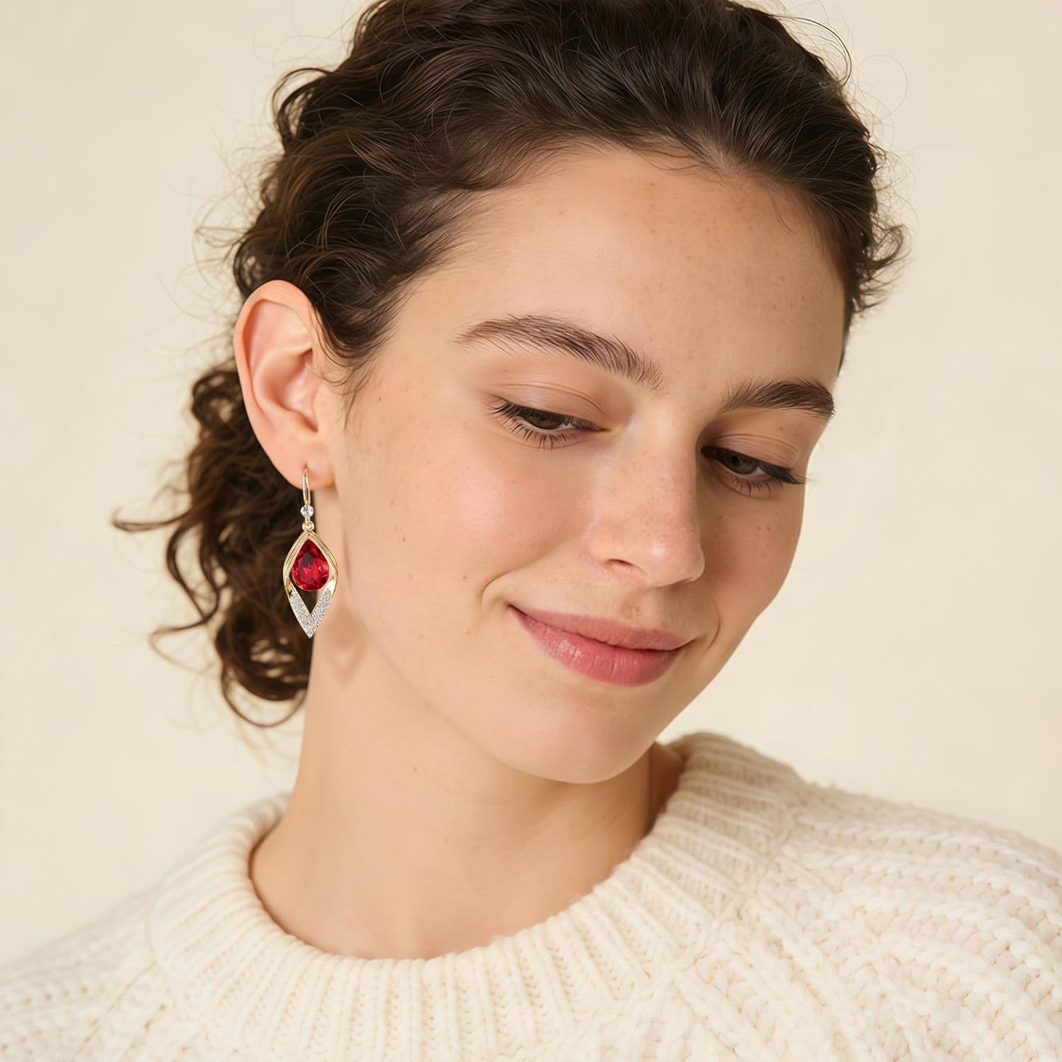 Austrian Crystal Teardrop Hollow Leaf Drop Dangle Earrings for Women 14K Rose Gold Plated Hypoallergenic Jewelry - Image 7