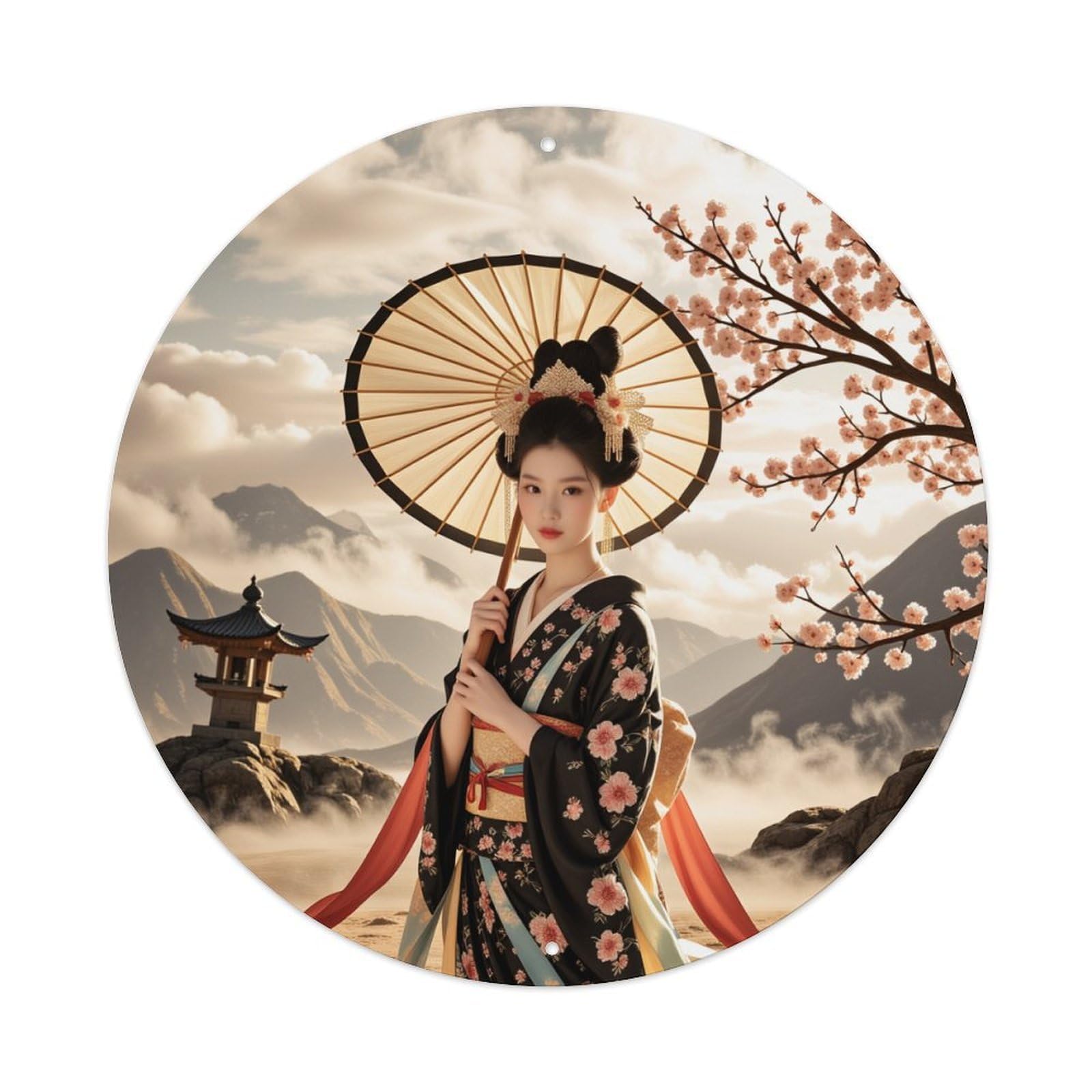 Floral Kimono Cherry Blossom Mountain Pagoda Round Tin Sign Vintage Metal Poster, Home Bar Garage Man Cave Cafe Indoor & Outdoor Wall Decoration 8x8Inches