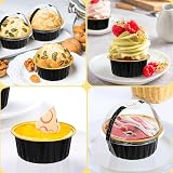 KAHEIGN 50Pcs Mini Cake Tins with Lids and Spoons, 150ml Round Aluminum Foil Baking Pans Small Loaf Cups Tart Pie Cupcake Containers for Bread Dessert Wedding Birthday Picnic Party (Black Gold) - 7