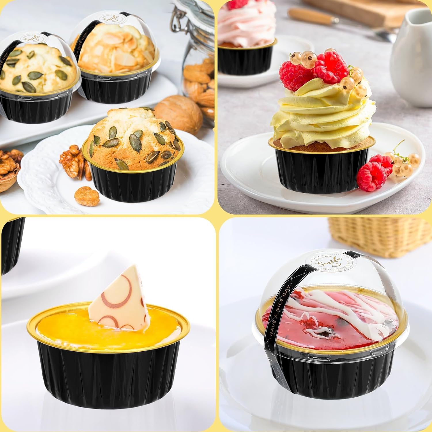 KAHEIGN 50 Pezzi Mini Teglie per Pane con Coperchi e Cucchiai, 150ml Pentole Rotonde in Foglio di Alluminio con Adesivo Sigillante per Pane Torta Nozze Compleanno Picnic Festa (Oro Nero)