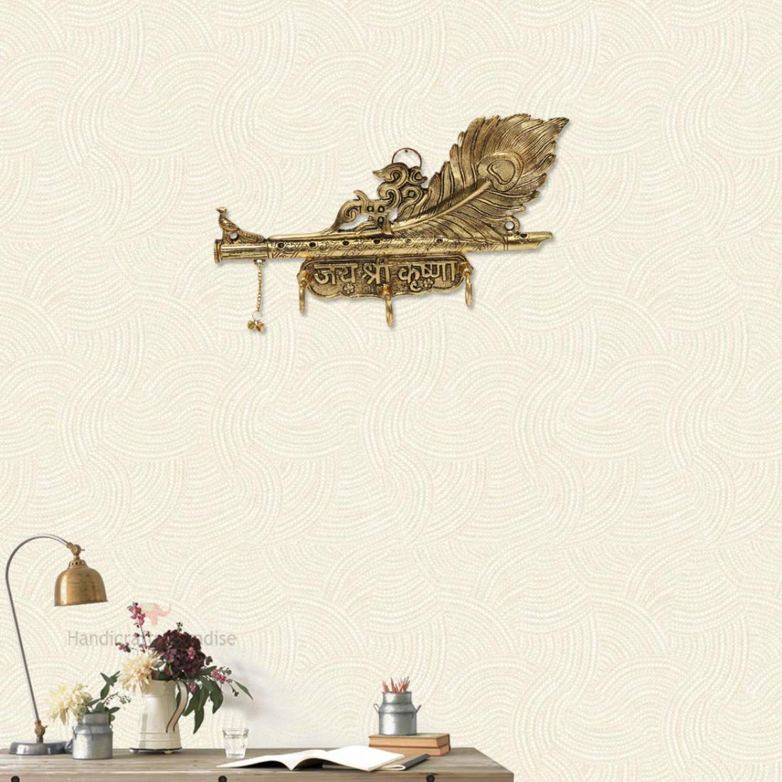 Handicrafts Paradise Key Holder Feather Shaped with Flute Antique Color in Metal