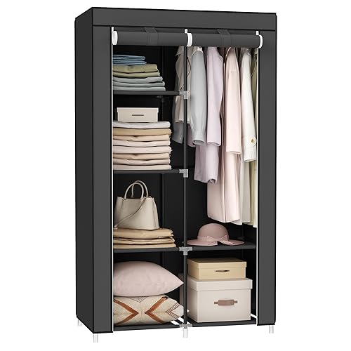 SONGMICS Portable Closet, Fabric Wardrobe, Clothes Rack with Shelves, Pockets, Large Capacity, 1 Hanging Rod, 34.6 x 17.7 x 66.1 Inches, Ink Black URYG84BK