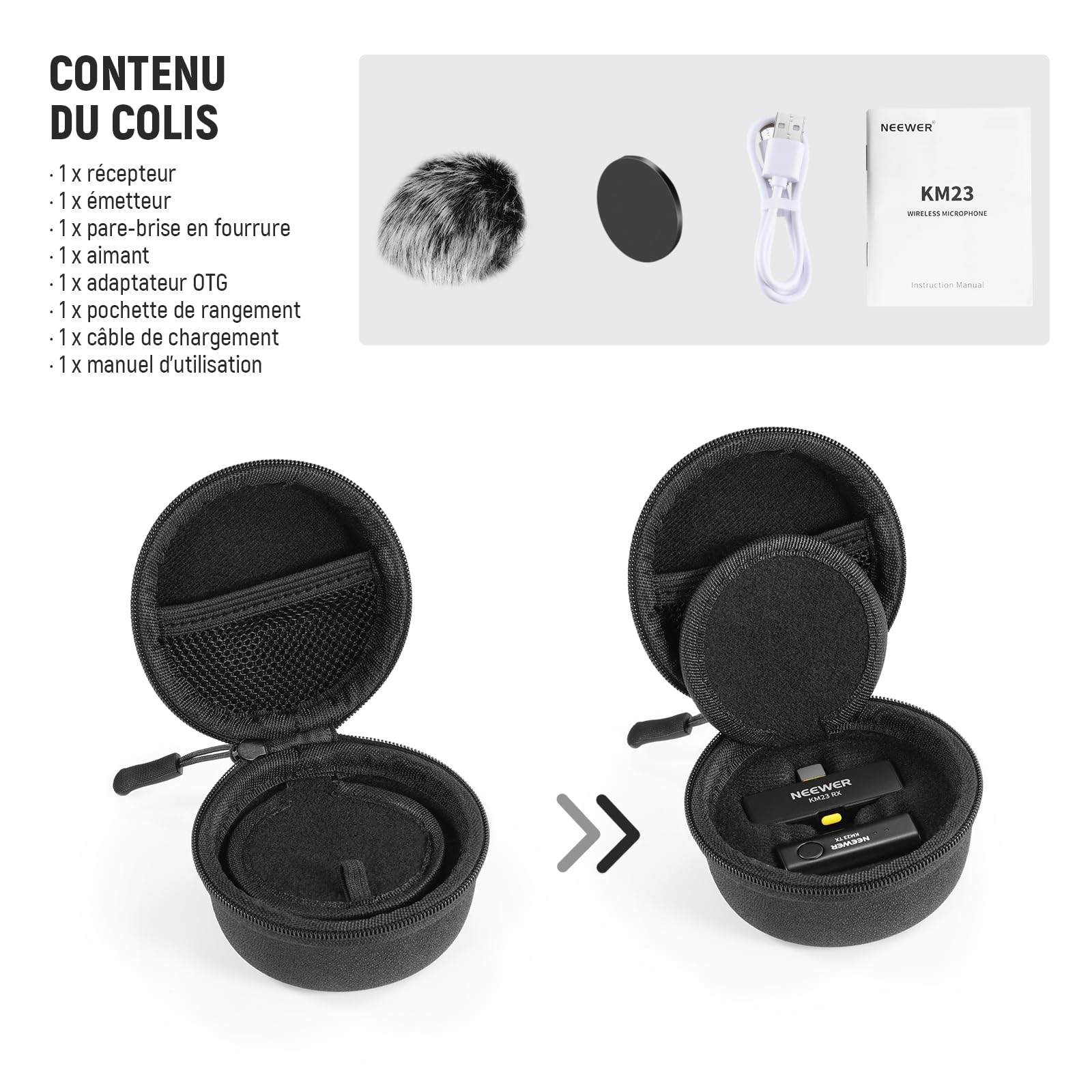 NEEWER Système de Microphone Cravate sans Fil pour USB C, Mini Micro Cravate Antibruit en Clic pour Vlogging, Micro à Condensateur Omnidirectionnel Compatible avec iPhone 15, Samsung Android, KM23