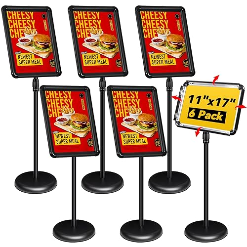 6Pack Adjustable Pedestal Sign Holder - 11''x17'', Floor Standing Poster