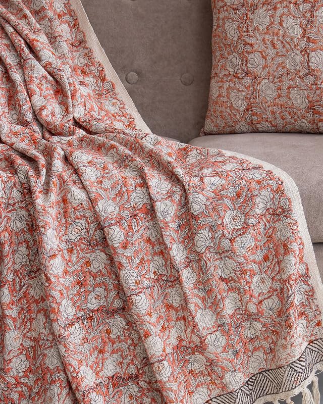 Image of Traditional Jaipuri Floral Buti Hand Block Print Cotton Sofa Throw (50x70 Inches) with 2 Pcs Cushion Cover(16x16 Inch) Soft Lightweight Thrower for Couch, Living Room & Bed (Pack of 3)