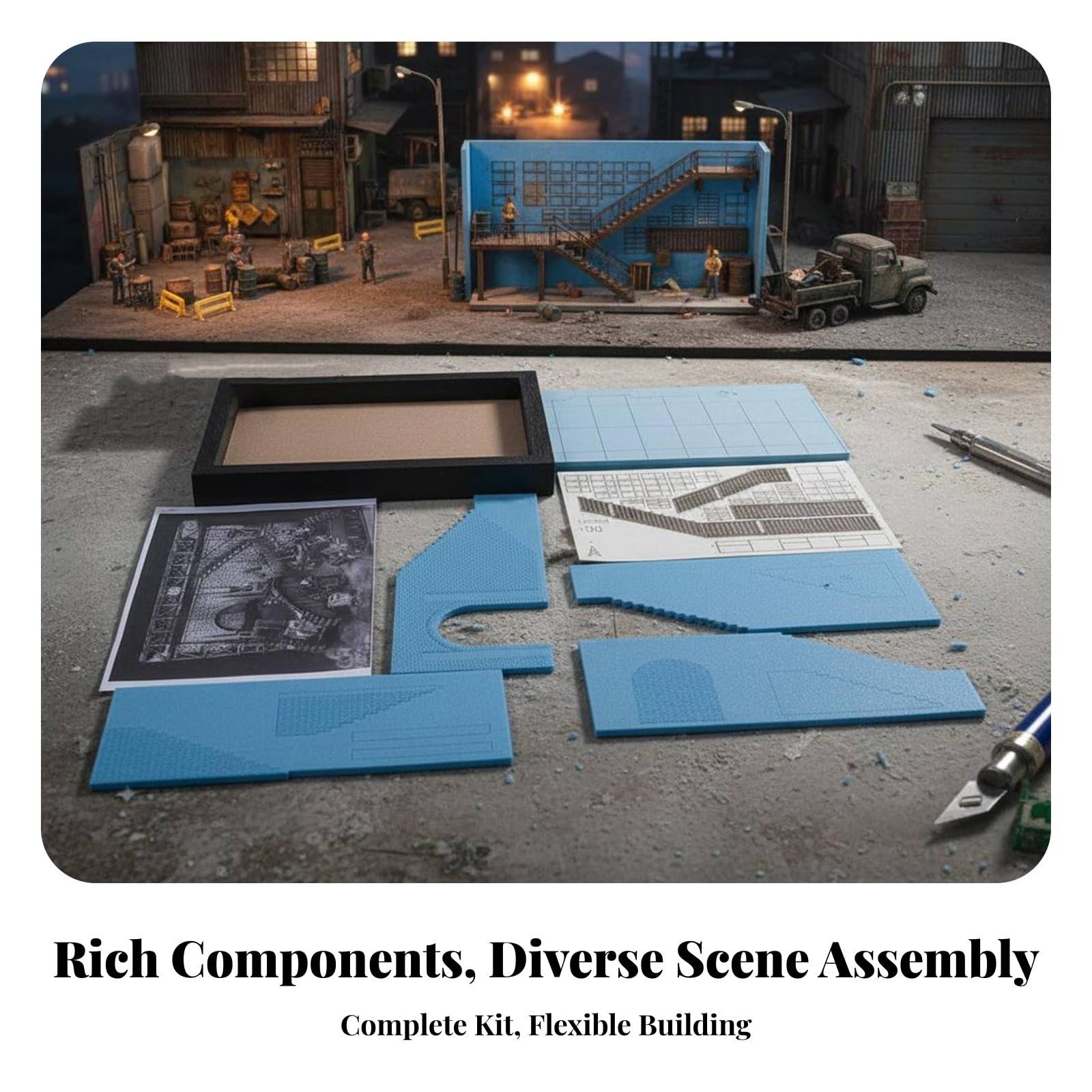 Base Dimostrativa Edificio in 1 35 Kit Diorama Fabbrica con Pannelli in MDF E Schiuma Ad Alta Densità per Rappresentazione Scena Storica con Accessori Adatto per Collezionisti