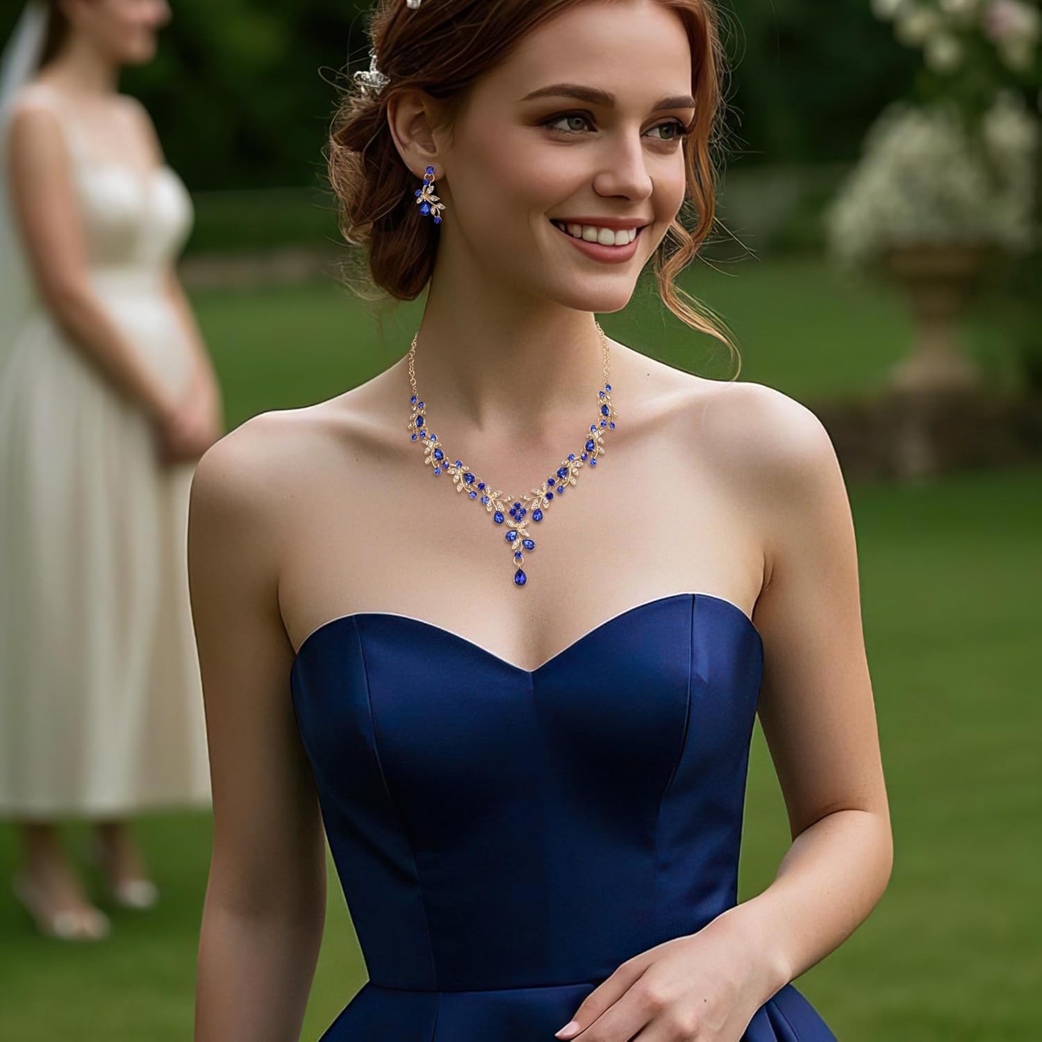 BriLove Wedding Jewelry Set for Women Bride, Y-Necklace Dangle Earrings Crystal Teardrop Leaf Flower Cluster Bridal Bridesmaid - Image 3