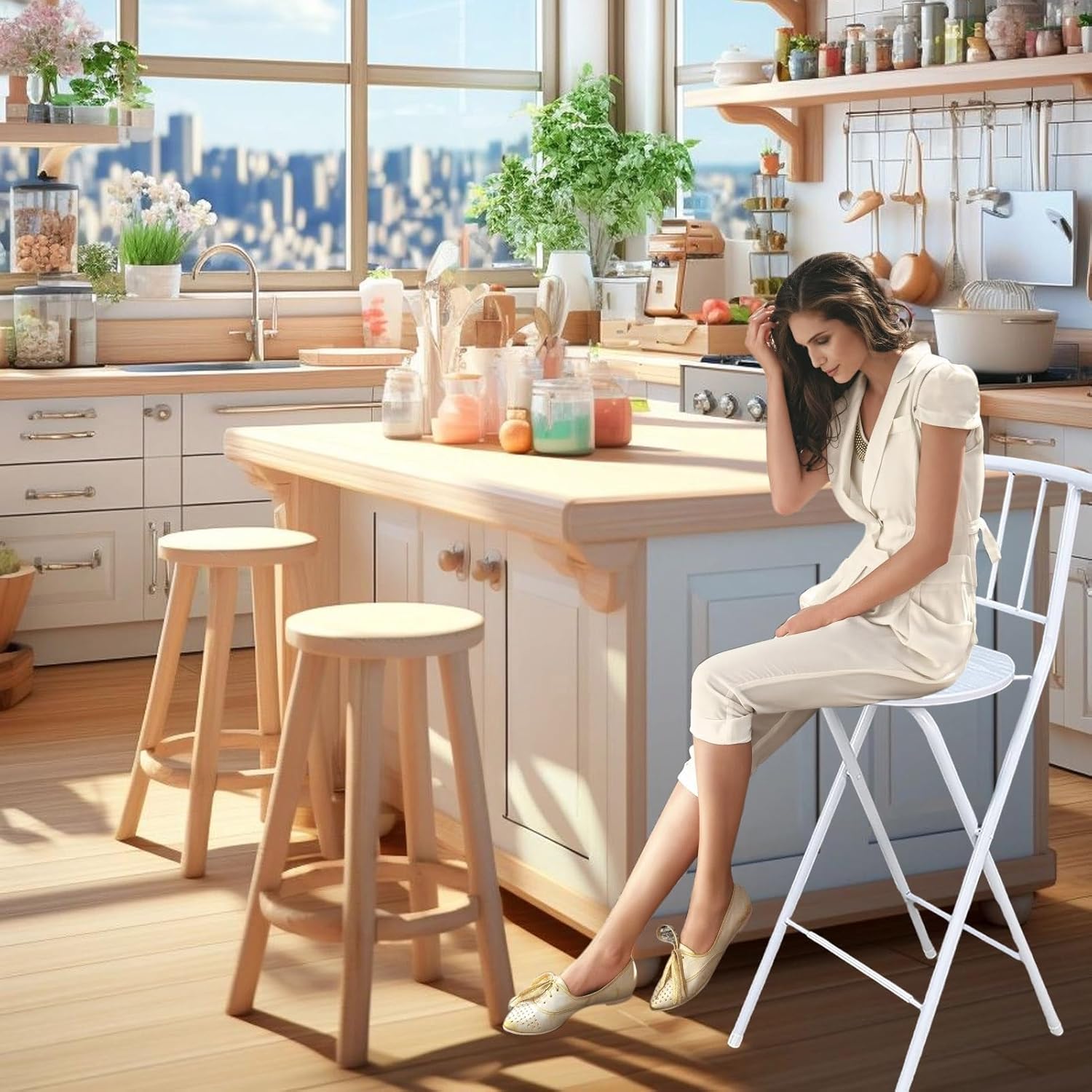 Portable Folding Stool with Backrest, Foldable Breakfast High Chair Wood Seats, 26in/30in Height Footrest for Adults Office Kitchen Island (Color : White, Size 65cm/26i (White 7