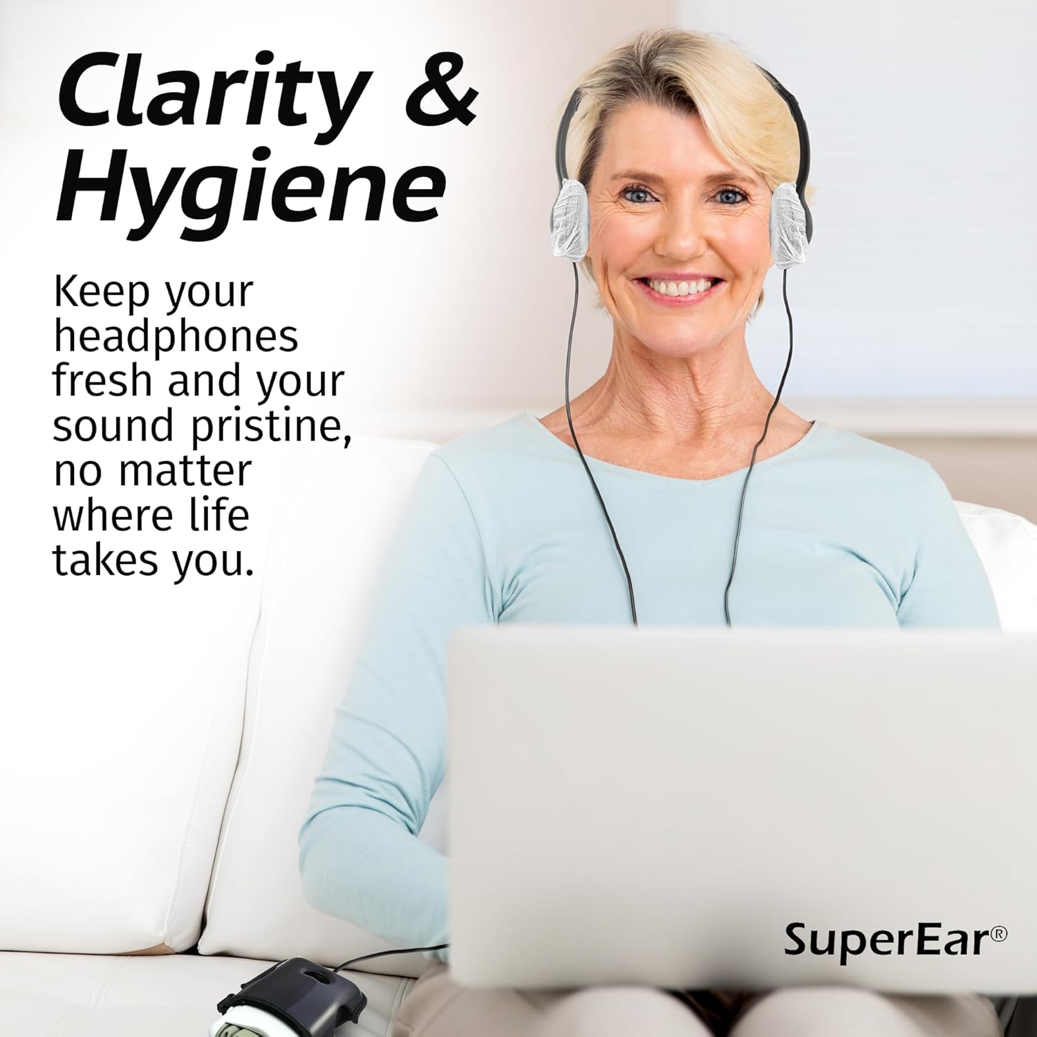 SuperEar Ear Care Pack: SuperEar Plus SE7500 Personal Sound Amplifier with Headphones and Earbuds for Listening Assist & 50 Pair, 2.5" Disposable Sanitary Headphone Covers