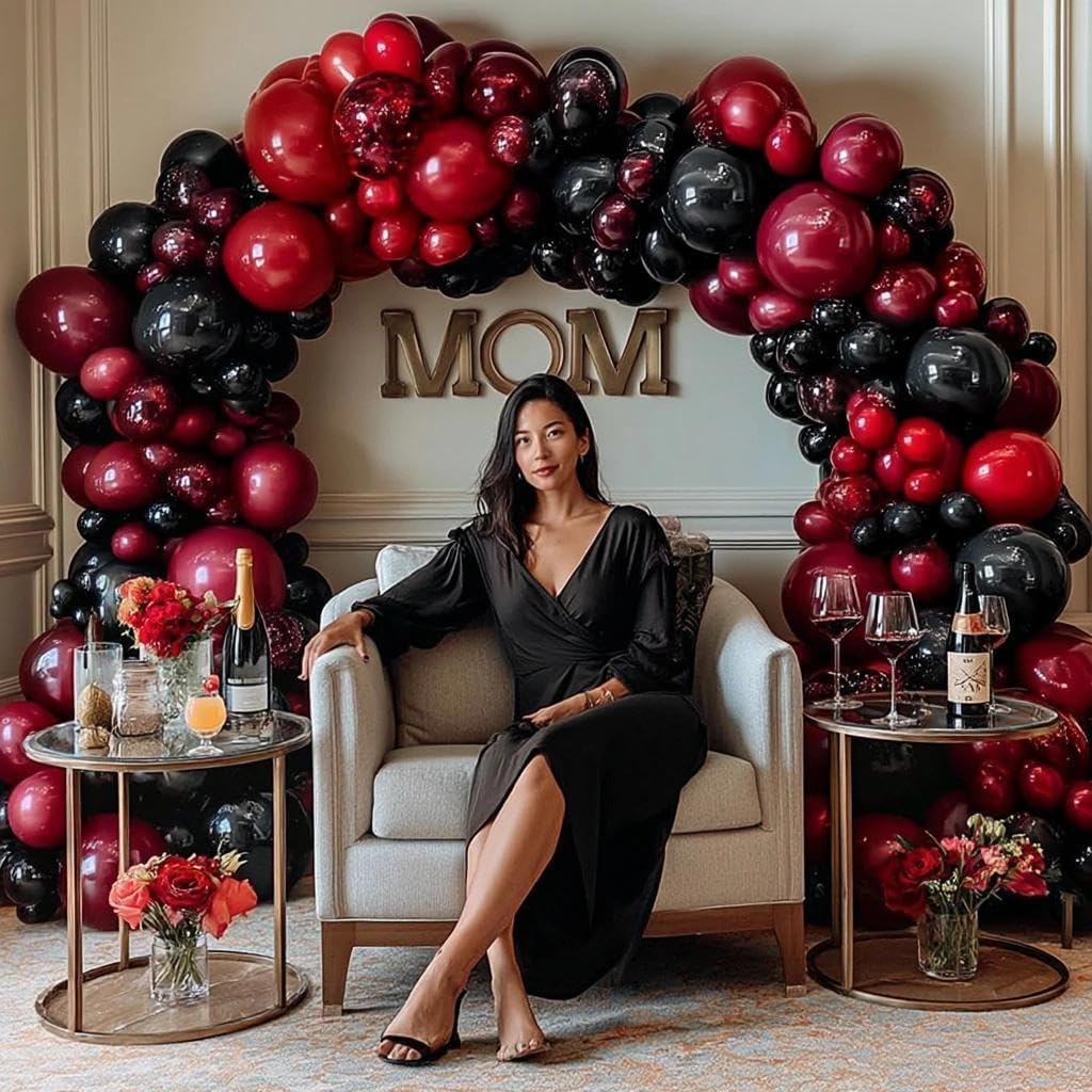 Black Red Balloon Arch Double Stuffed Black Burgundy Maroon Balloons Dark Ruby Red Metallic Balloon Garland Kit for New Year Birthday Wedding Valentines Anniversary Graduation Party Decorations - Image 8