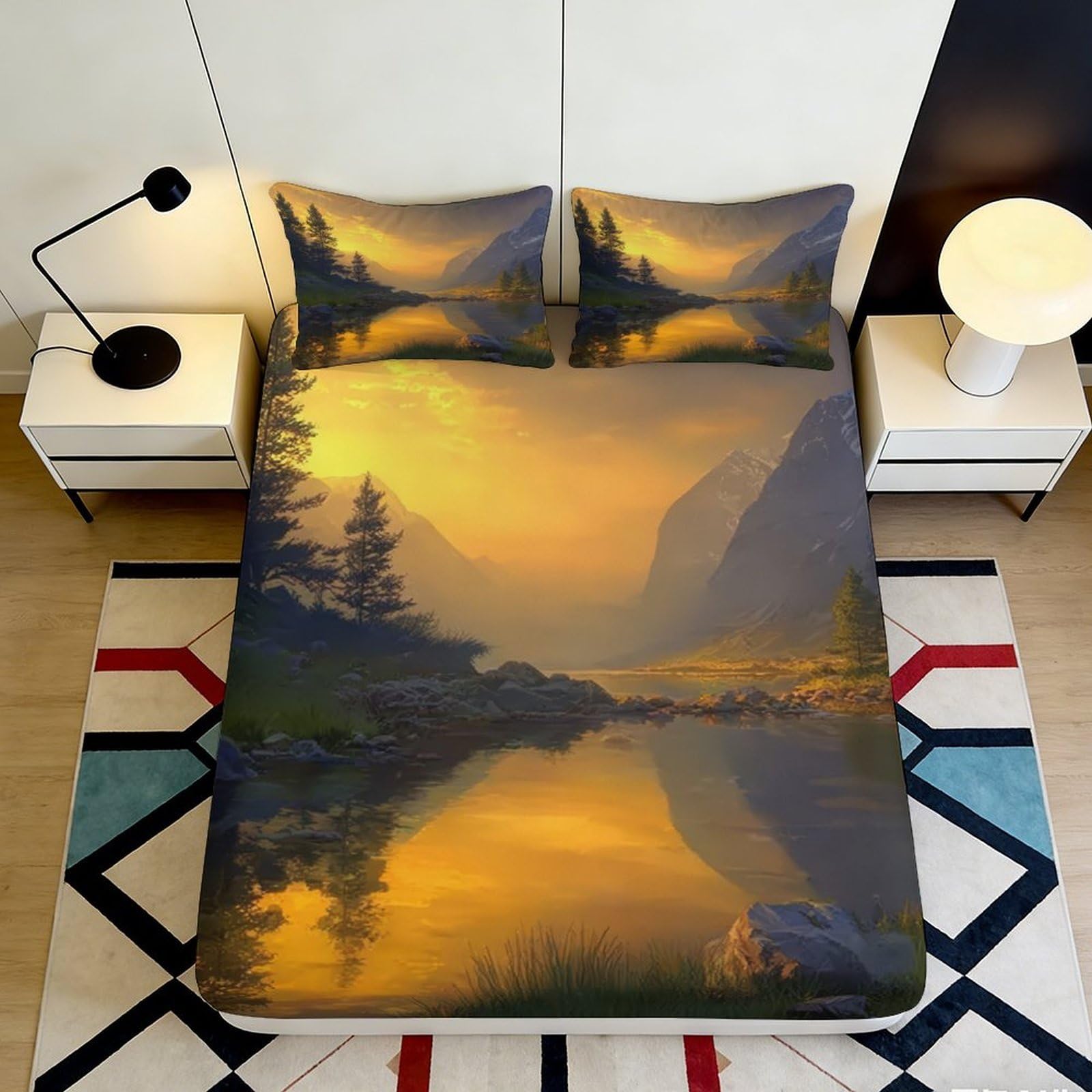 3D Printed Sunset Mountain Fitted Sheet Microfiber Soft Breathable River Reflection Bed Cover for Bedroom Dormitory Guest Room Mattress Protection Decor 140x200x25cm