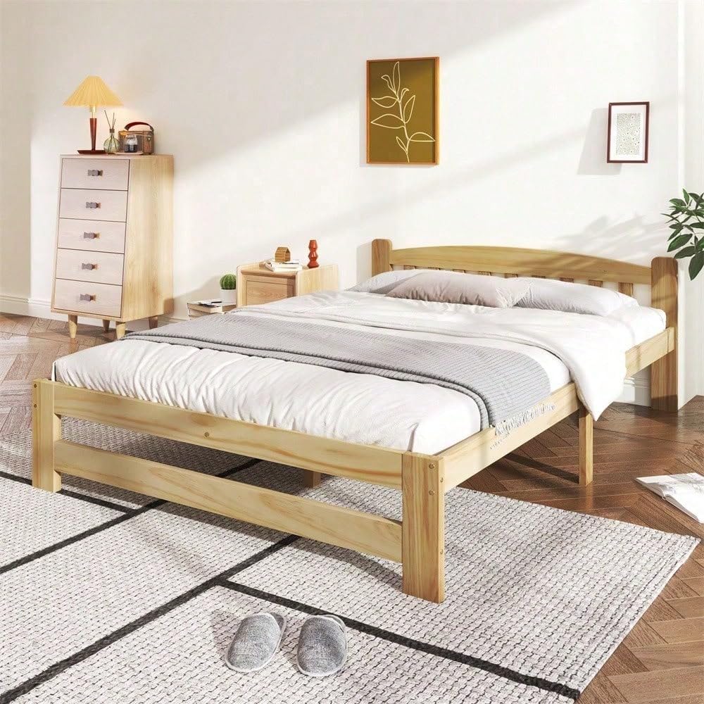 Letto in legno massello, 140 x 200 cm, naturale, letto matrimoniale futon con testiera, con rete a doghe, per ragazzi e adulti