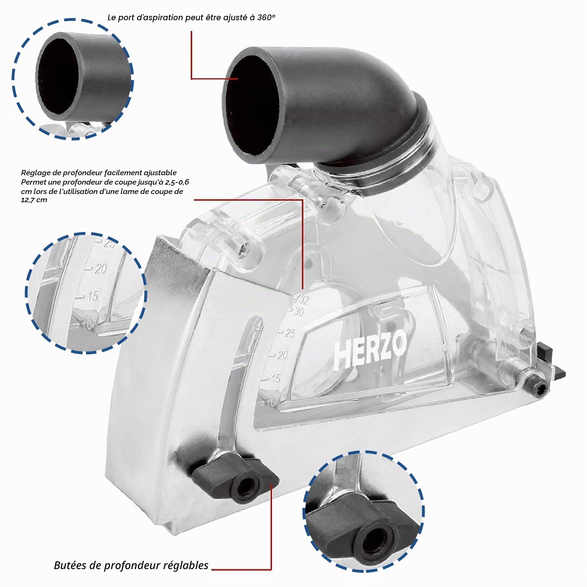 HERZO protection pour meuleuse angulaire 115mm / 125mm avec rail de guidage et disque diamant 115mm pour béton, pierre et brique