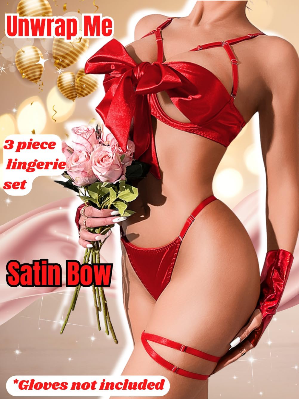Kaei&Shi Satin Bow Lingerie for Women,Strappy Unwrap Present Lingeries,Sexy Bra and Panty Sets Birthday Christmas Valentines - Image 2