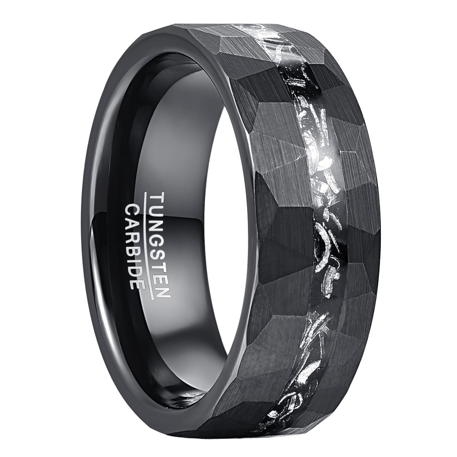 Men's Tungsten Carbide Wedding Band - 8mm Width With Blue Box Elder Wood & Artificial Meteorite Inlay, Arrow Design Center