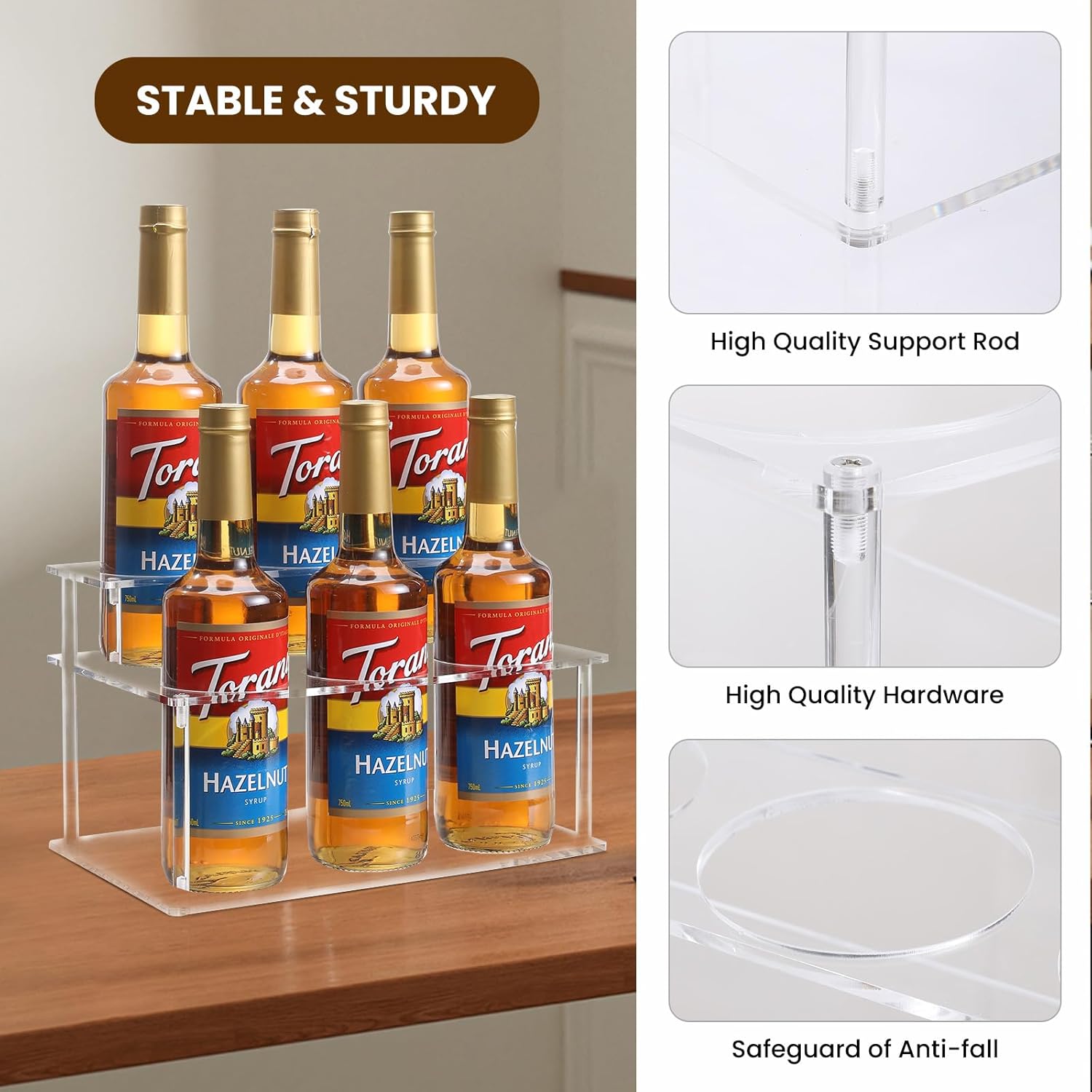 IEEK Coffee Syrup Rack,2 Tier Clear Acrylic Coffee Syrup Organizer with anti slip padfor Coffee Bar,Kitchen.Small Wine Rack for Bar,Family,Storage for Syrup,Wine,Dressing,6 Bottle Capacity