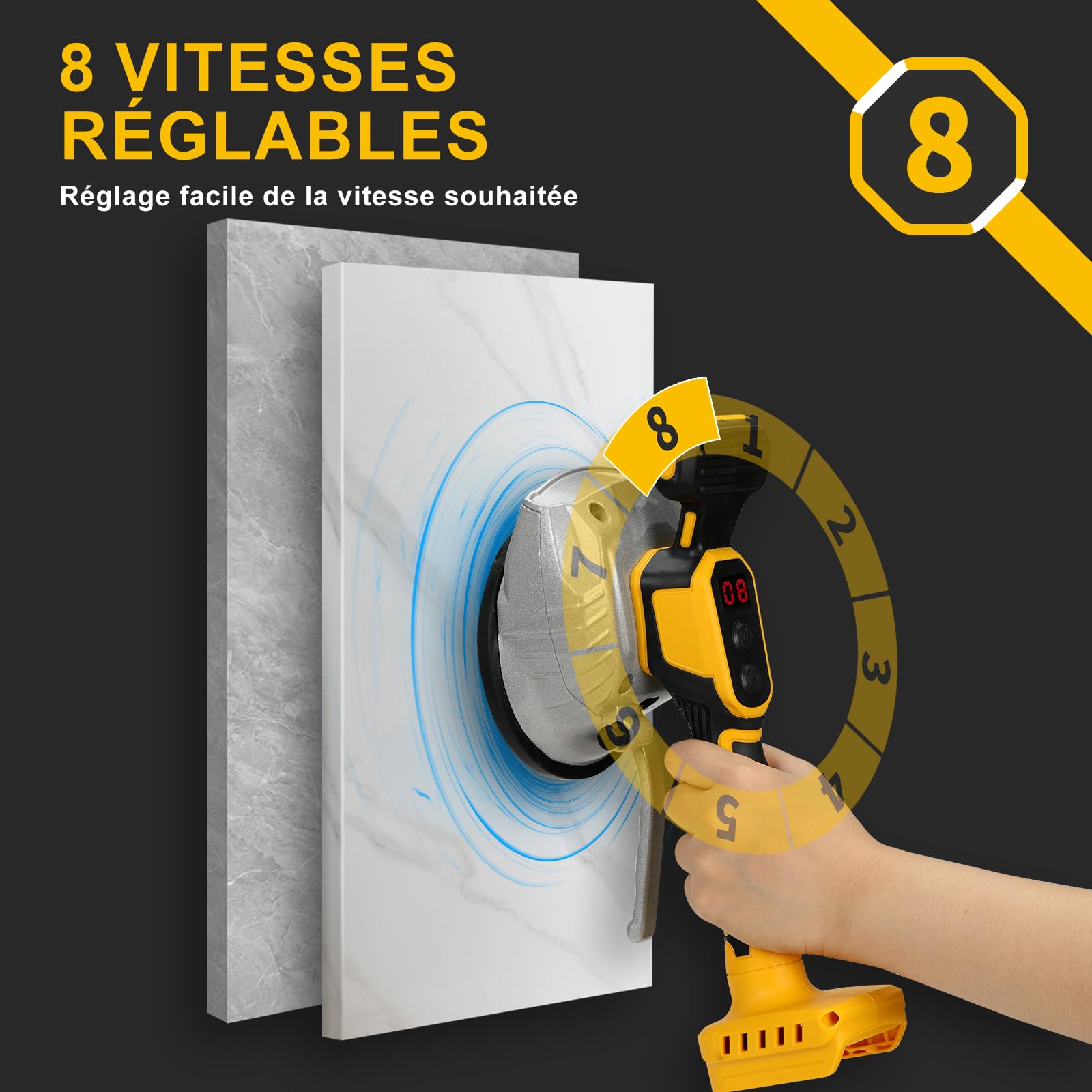 Outil de vibration de carrelage pour batterie Dewalt 20 V | Ventouse de 13 cm | Adsorption de 50 kg | 8 vitesses réglables | Convient pour carrelage de 20,3 à 119,4 cm | avec affichage numérique pour