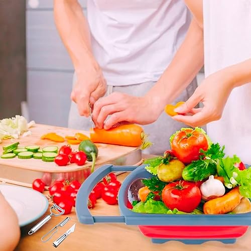 Miniatura 3 de Colador plegable de silicona sobre el fregadero, colador plegable de 6 cuartos de galón con asas extensibles y 3 peladores adicionales, perfecto