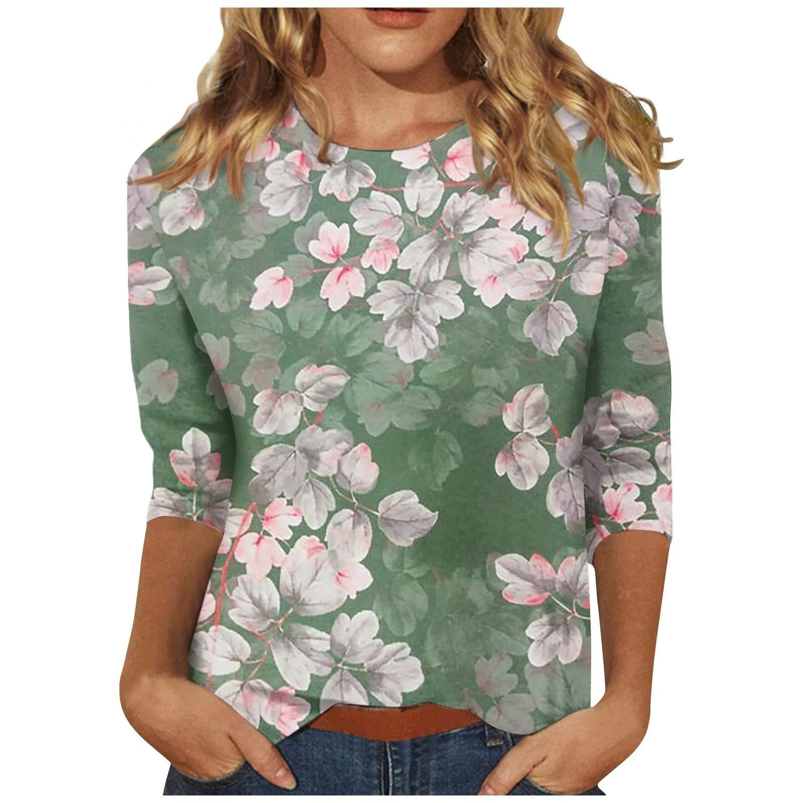 Deals of The Day Lightning Deal Womens Clothes Clearance Deals Sale Homisy 2024 Floral Printed Tops for Women Trendy 3/4 Sleeve Shirts Loose Fit Casual Dressy Blouses Soft Color Block Tees