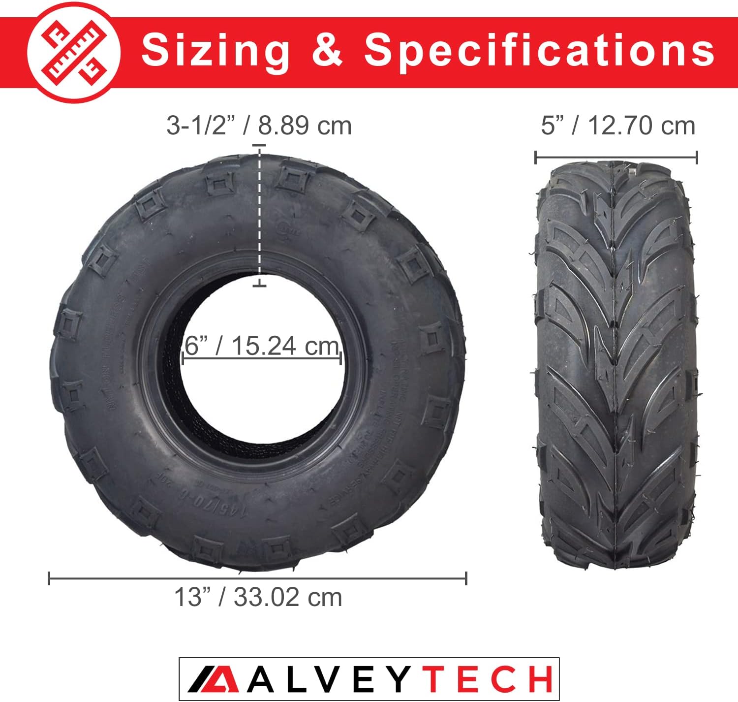 AlveyTech 145/70-6 V-Tread Tire - For the Baja Motorsports 49 (BA49), 50 (WD50), BA50, Doodle Bug (Blitz, Dirt Bug, Racer), Trax (TX65) Go-Kart and Wilderness Trail 50, Quad/Mini Dirt Bike/UTV Tires