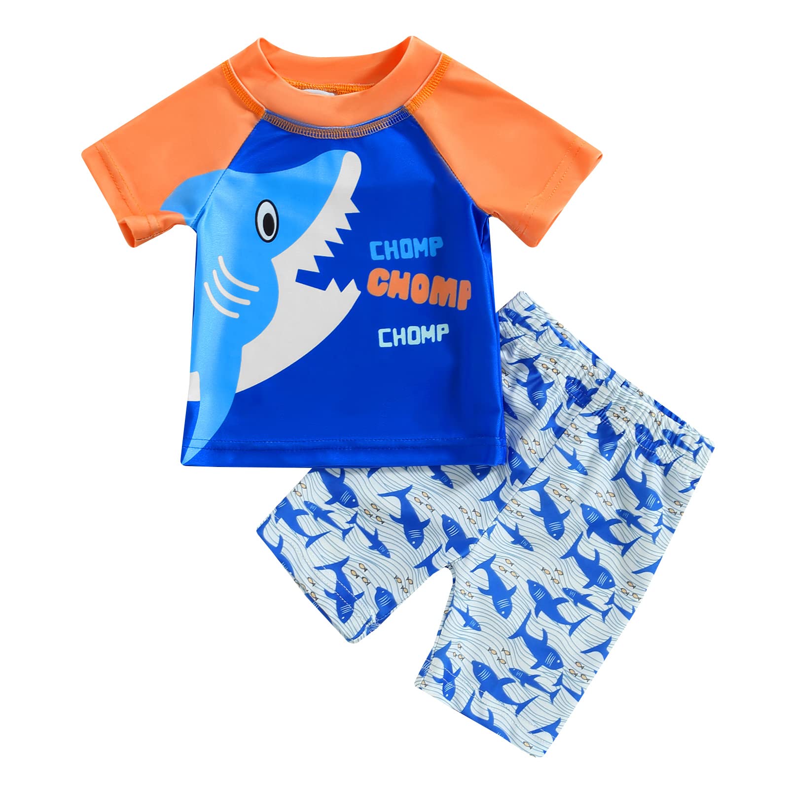 Carolilly Conjunto de traje de baño para niño y niño, antirrayos UV, estampado de tiburones, camiseta de manga corta + pantalones cortos de baño (6 meses a 5 años)