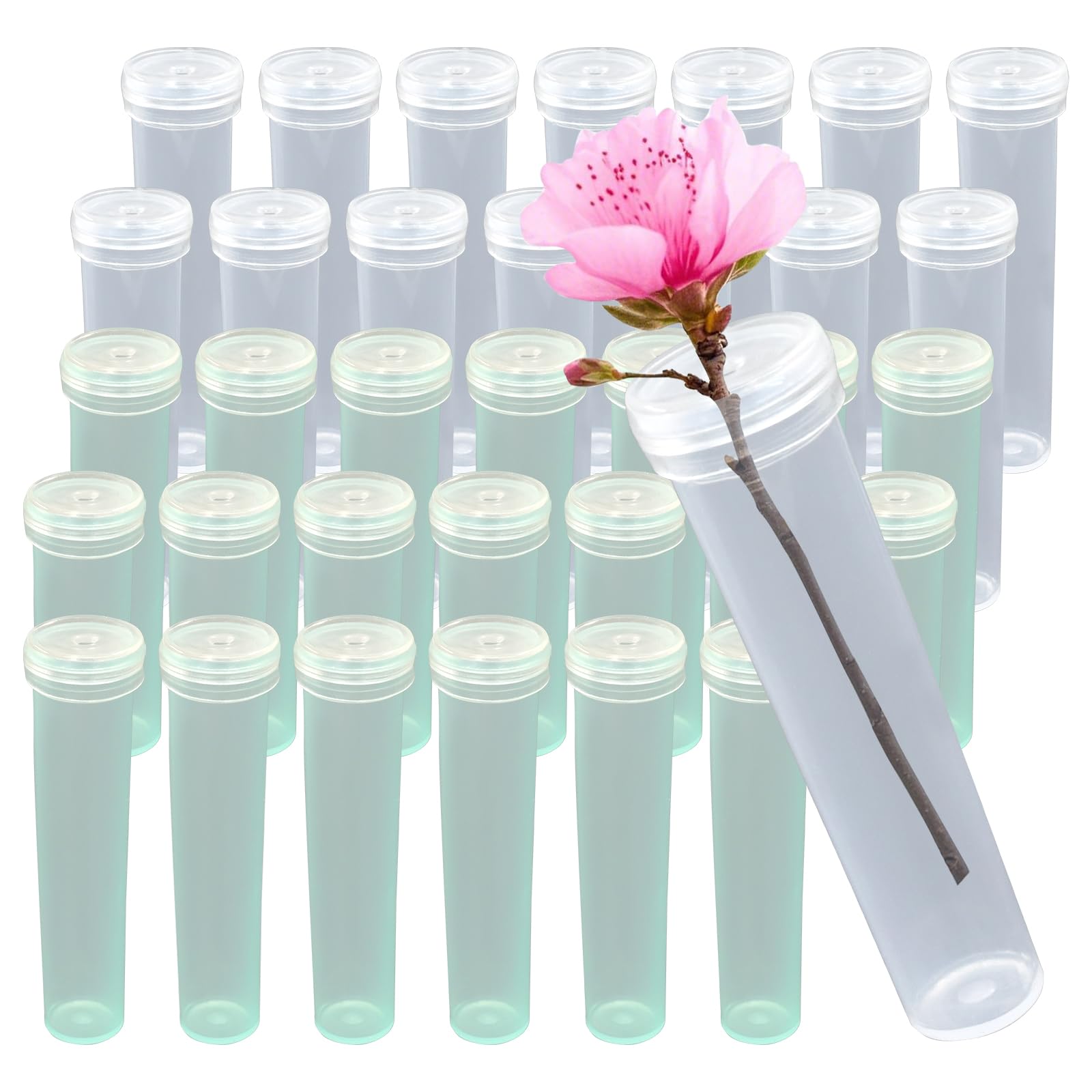 50pcs plastic stem water tubes clear flower vials with soft rubber lids 28 inches rose water tubes for fresh arrangementcleargreen