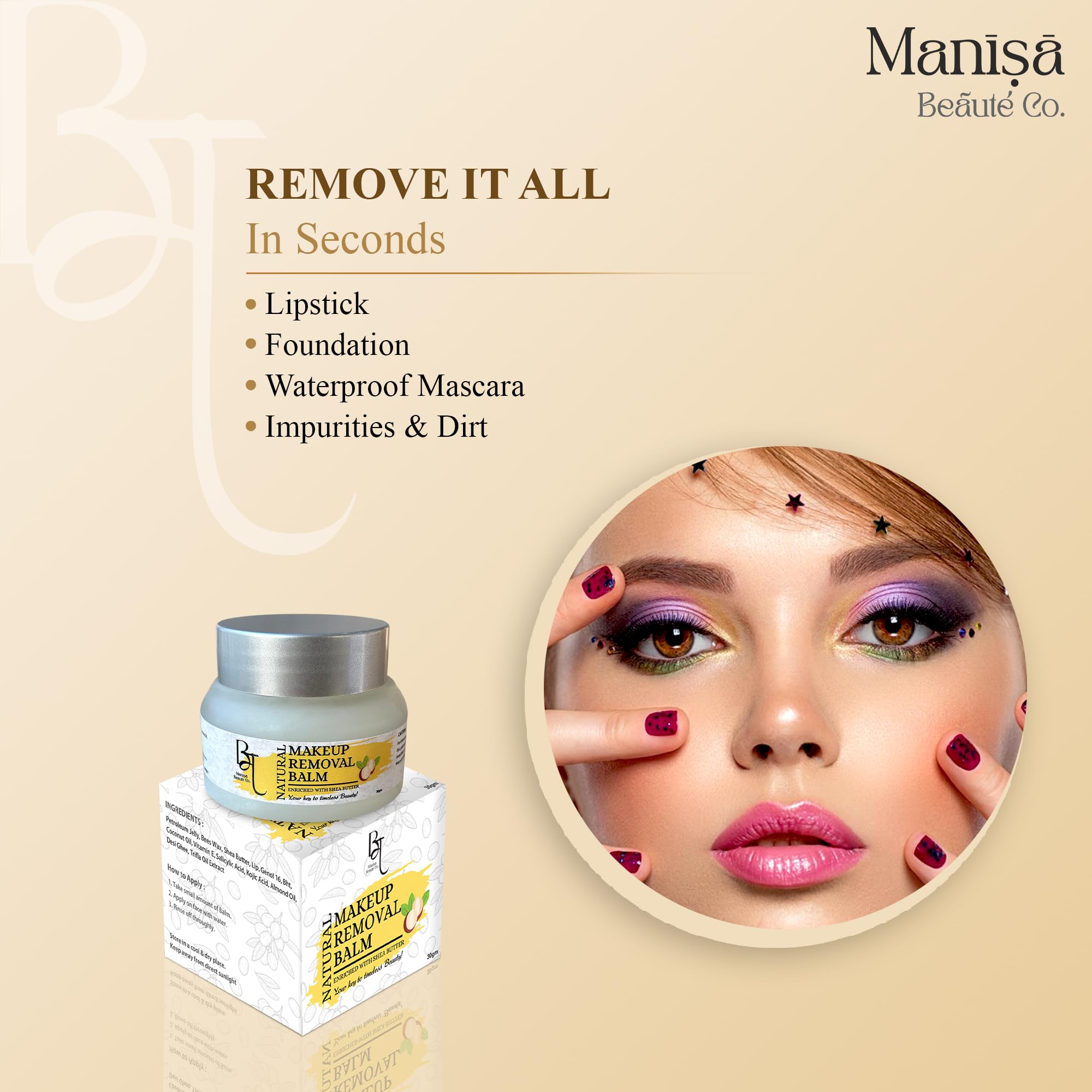Manisa Beaute Co. Natural Makeup Removal Balm Enriched with Shea Butter & Vitamin E | Suitable for all skin types | Deep Hydration | Anti-aging Benefits (30gm) 1