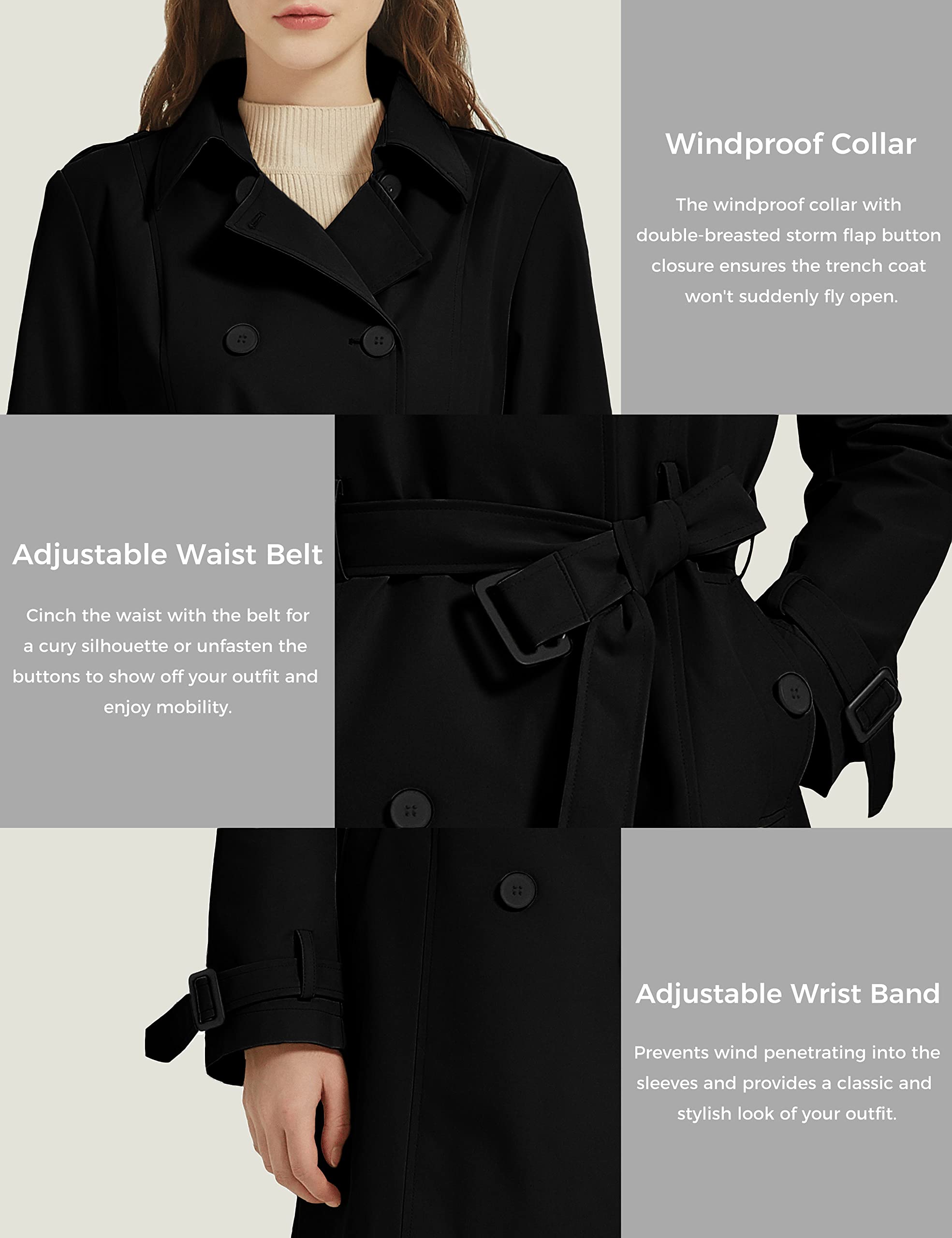 Wantdo Cappotto Primaverile da Donna Doppiopetto Lungo Trench Antivento Idrorepellente Leggera Casuale Giubbotto con Cintura Slim Fit