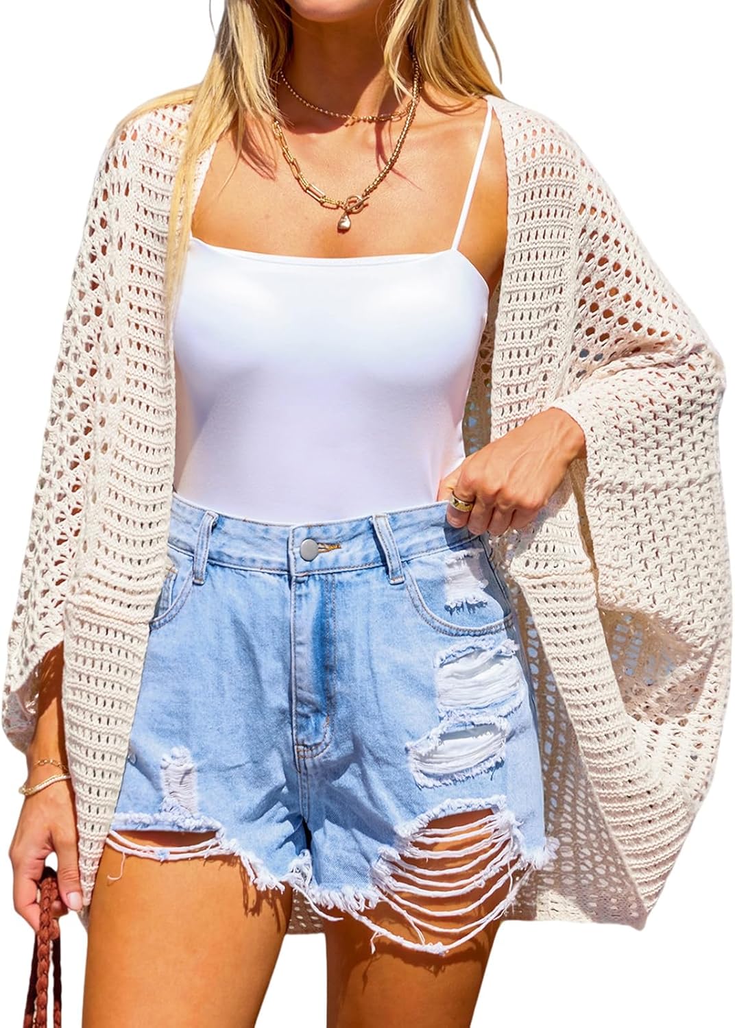 CUPSHE Women's Knit Open Front Long Dolman Sleeves Beach Crocheted Cover-Up Vacation