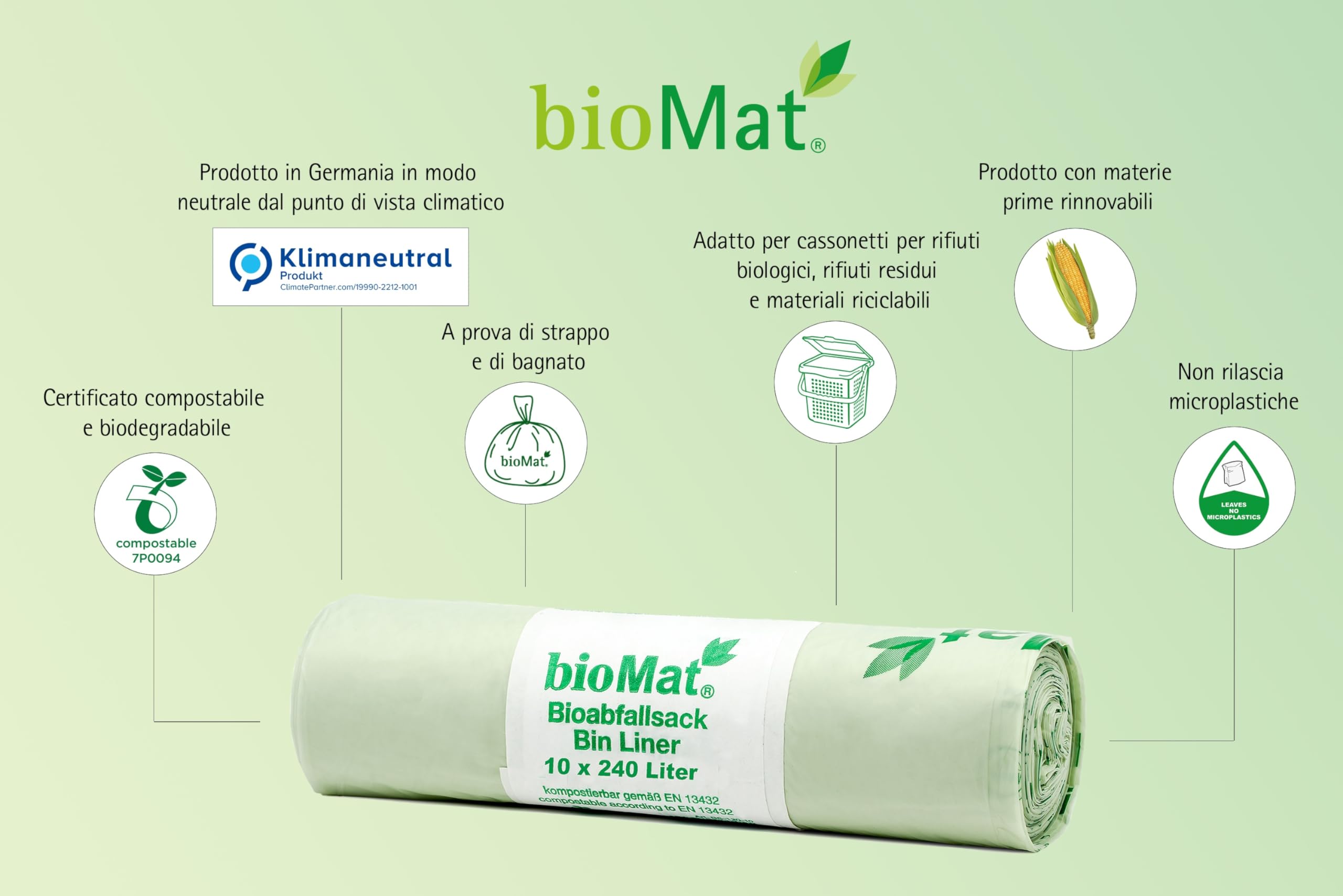 bioMat Sacchi per la Spazzatura 240l Compostabili, 100 Sacchi per Bidone dell’ Umido, Bidone per Rifiuti Residui, Qualità Premium, Neutrali dal Punto di Vista Climatico, Made in Germany