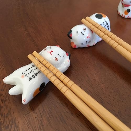 Miniatura 4 de MIUFA Juego de 5 pares de palillos naturales de bambú con diseño de gato de la suerte y palillos de estilo japonés