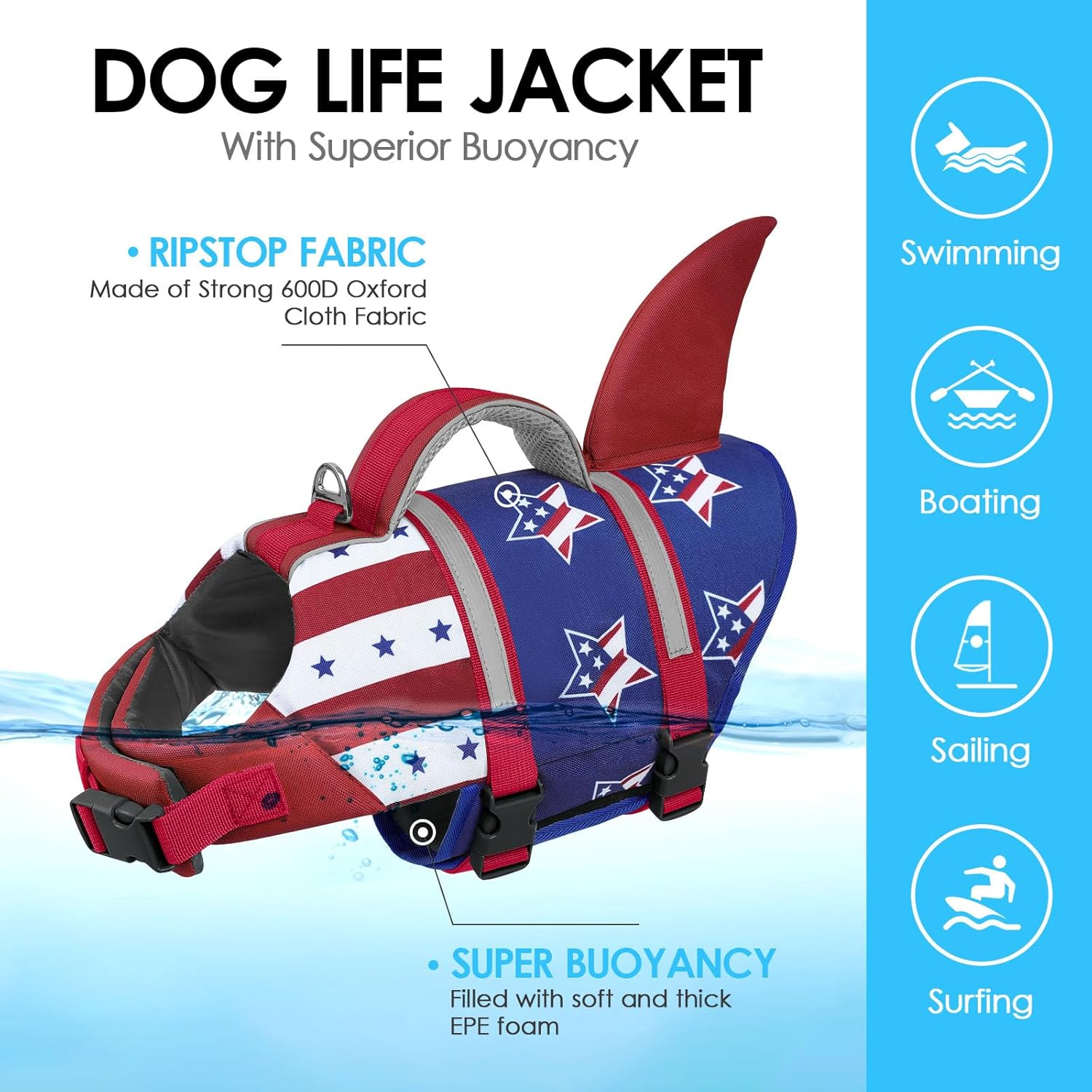 AOFITEE Dog Life Jacket, Dog Life Vest for Swimming, High Flotation Large Dogs Swim Vest with Rescue Handle and Reflective Stripe, Dogs Lifesaver Swimsuit for Boating Summer Pool Beach, USA Flag XL