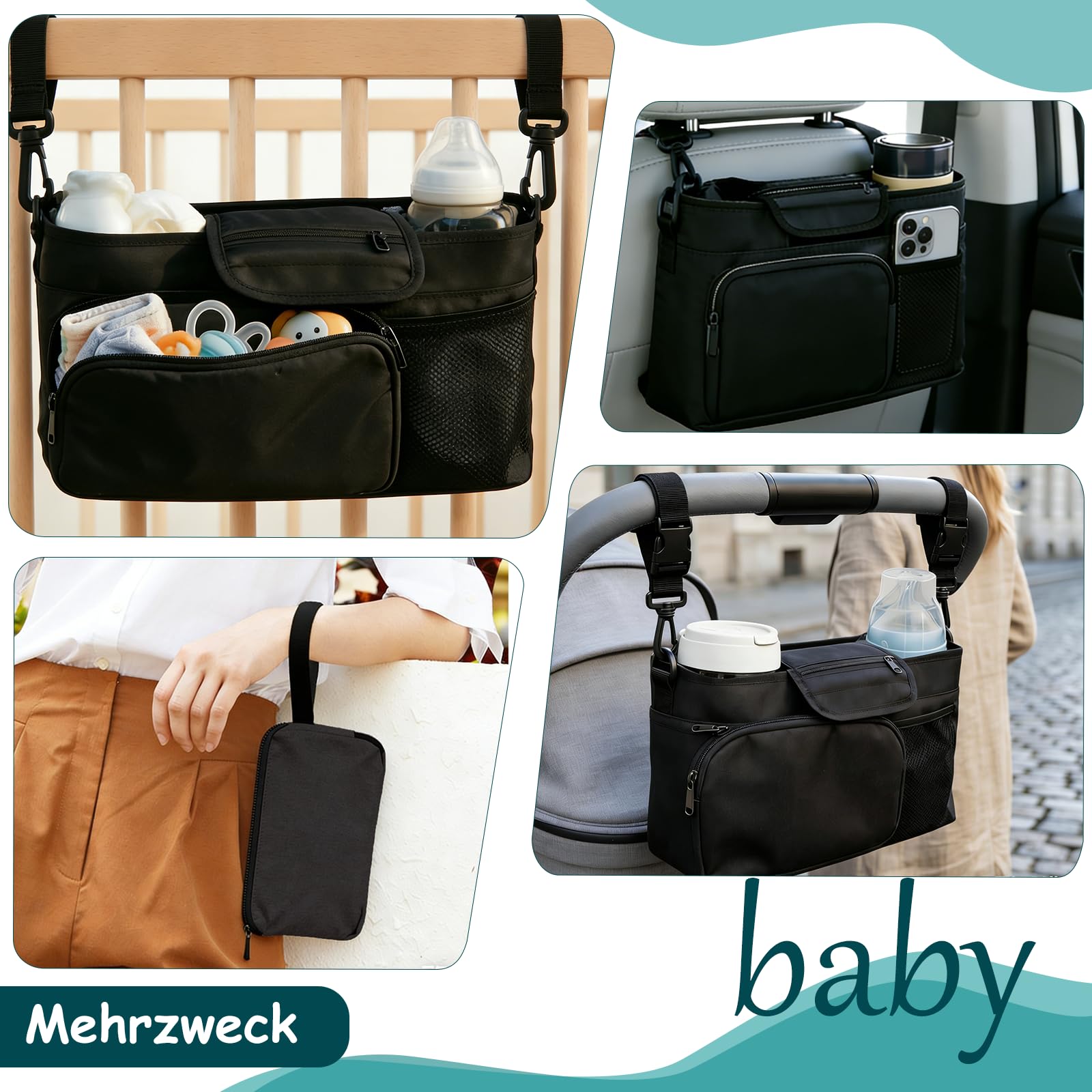 Kinderwagen Organizer Universal mit Isolierten Getränkehalter - Buggy Kinderwagentasche mit Verstellbarem Schultergurt, Wasserdichte Baby Zubehör Tasche für Windeln, Handys, Flaschen (Schwarz)