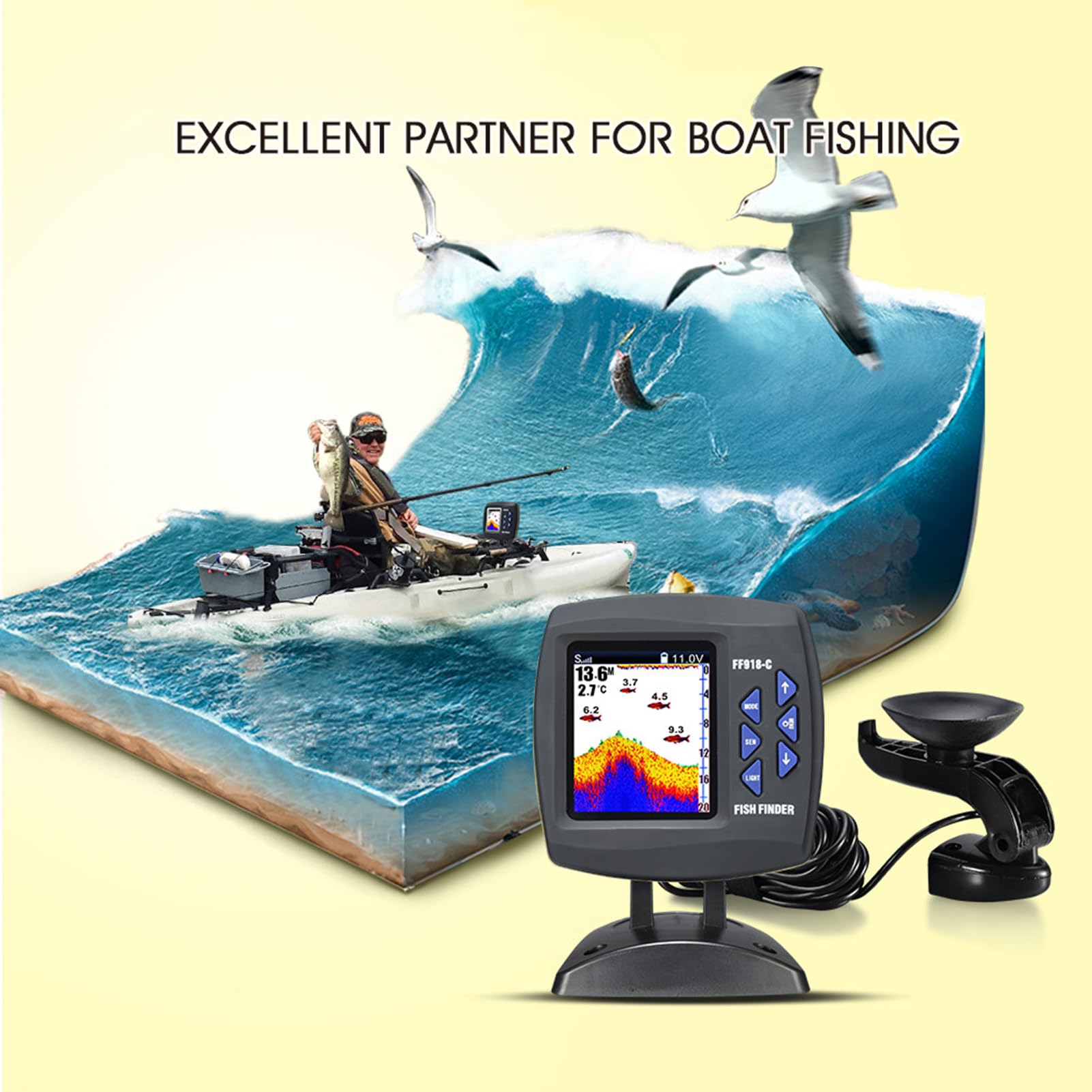 Fisch Finder Kabelgebundener Wandlersensor Fischfinder 45-Grad Unterwasser-Angelkamera Tragbarer Wasserdichter Unterwassermonitor LCD Fischsucher Boot Fischdetektor
