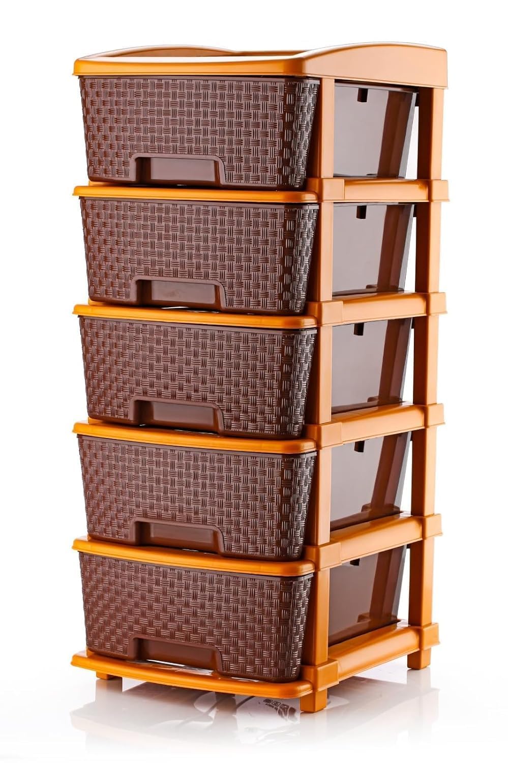 plastic storage drawer organizer with woven design baskets, multipurpose stackable storage cabinet for clothes, toys, kitchen, bathroom & home, brown, 5 tier plastic storage drawer organizer