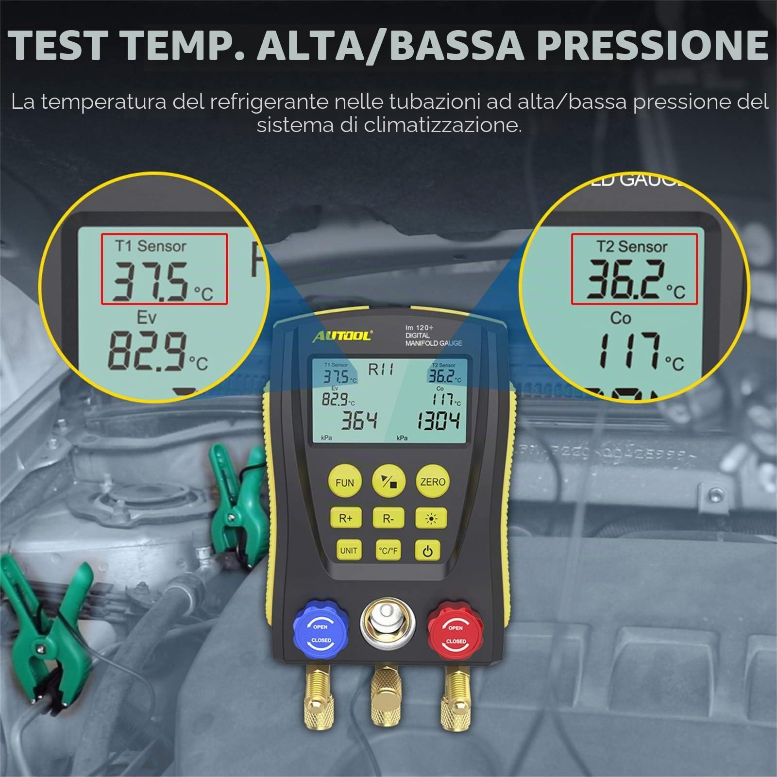 Refrigerazione Digital Collettore Gauge Meter HVAC Vacuum Pressure Tester Kit con clip di prova e tubo per la manutenzione del condizionatore d'aria, frigorifero (LM120+)