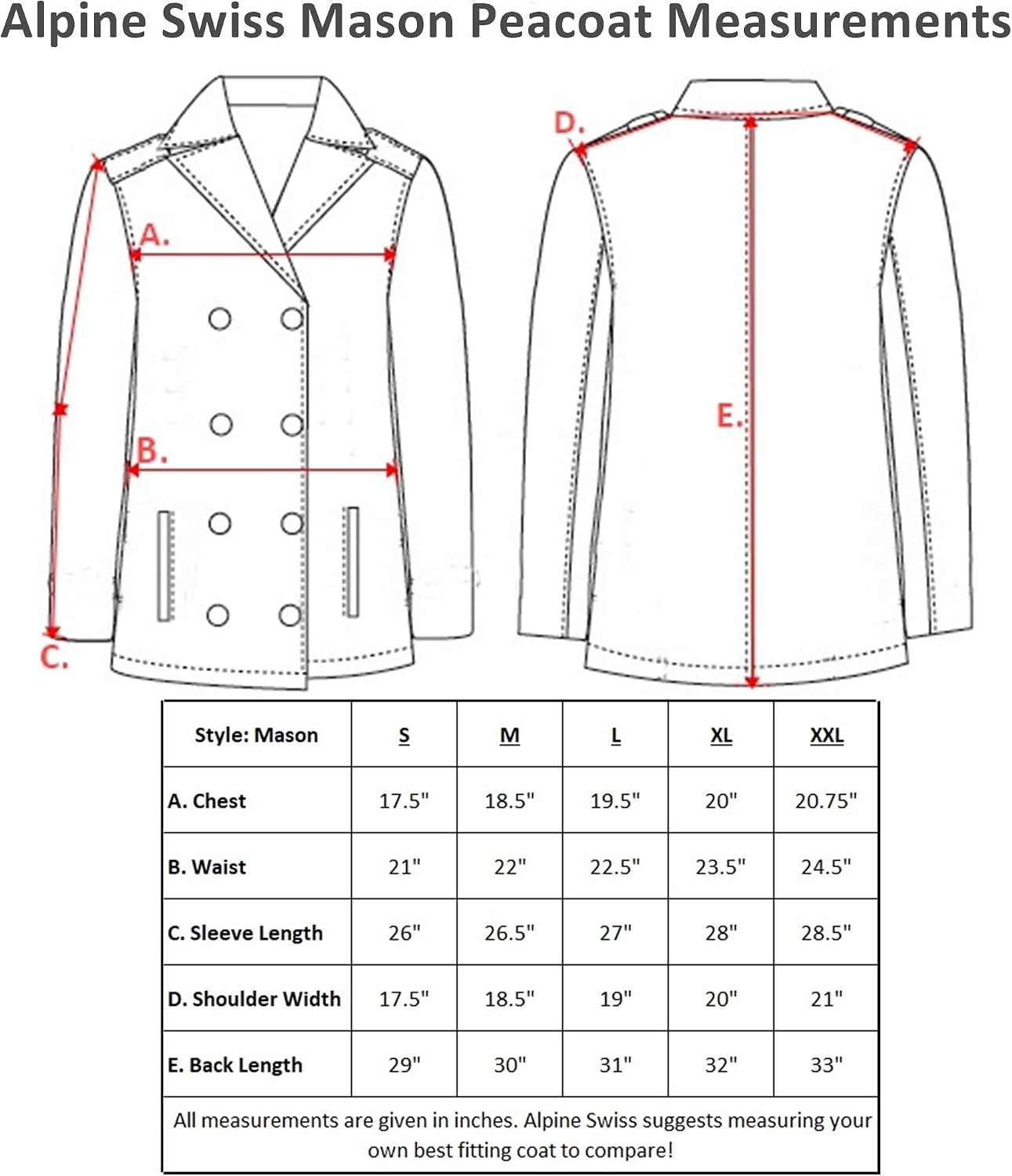 Alpine Swiss Mason Mens Wool Blend Classic Pea Coat Jacket