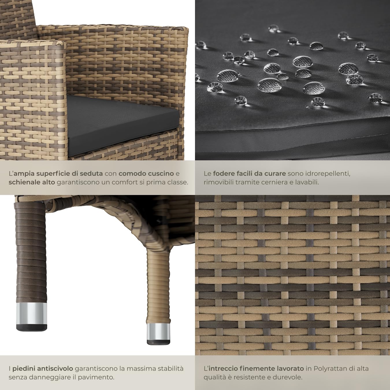 tectake® Set di 2 Sedie da Giardino in Poly Rattan di Alta Qualità, 4 Rivestimenti di Ricambio, Design Moderno con Morbidi Rivestimenti Beige e Grigio, Imbottiture Rimovibili - Naturale/Grigio Scuro