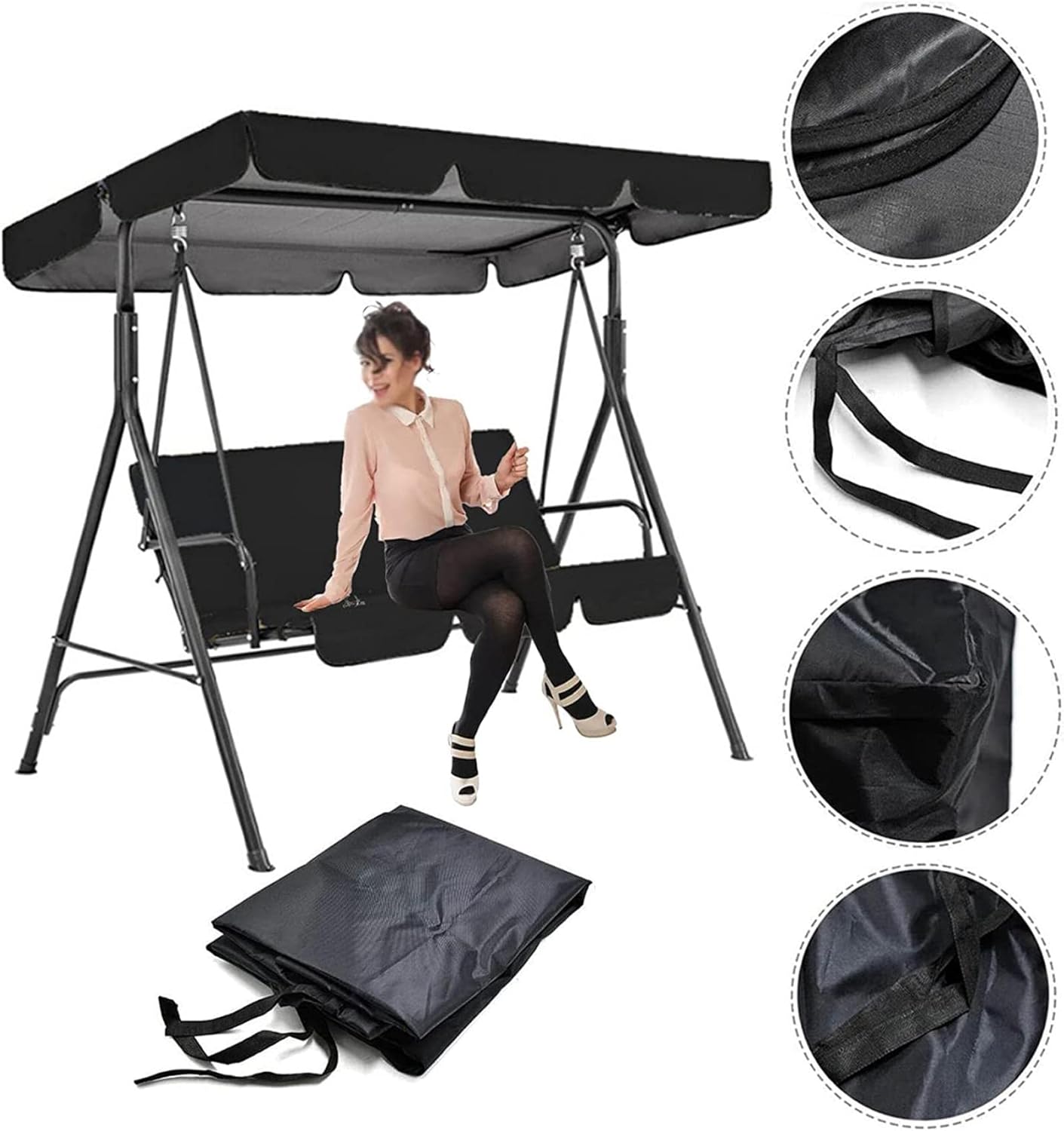 Outdoor Swing Canopy Replacement Cover & Swing Cushion Cover 2/3 Seater, Waterproof Garden Seater Sun Shade Porch Hammock Patio Swing Cover,Black,195x125x15cm