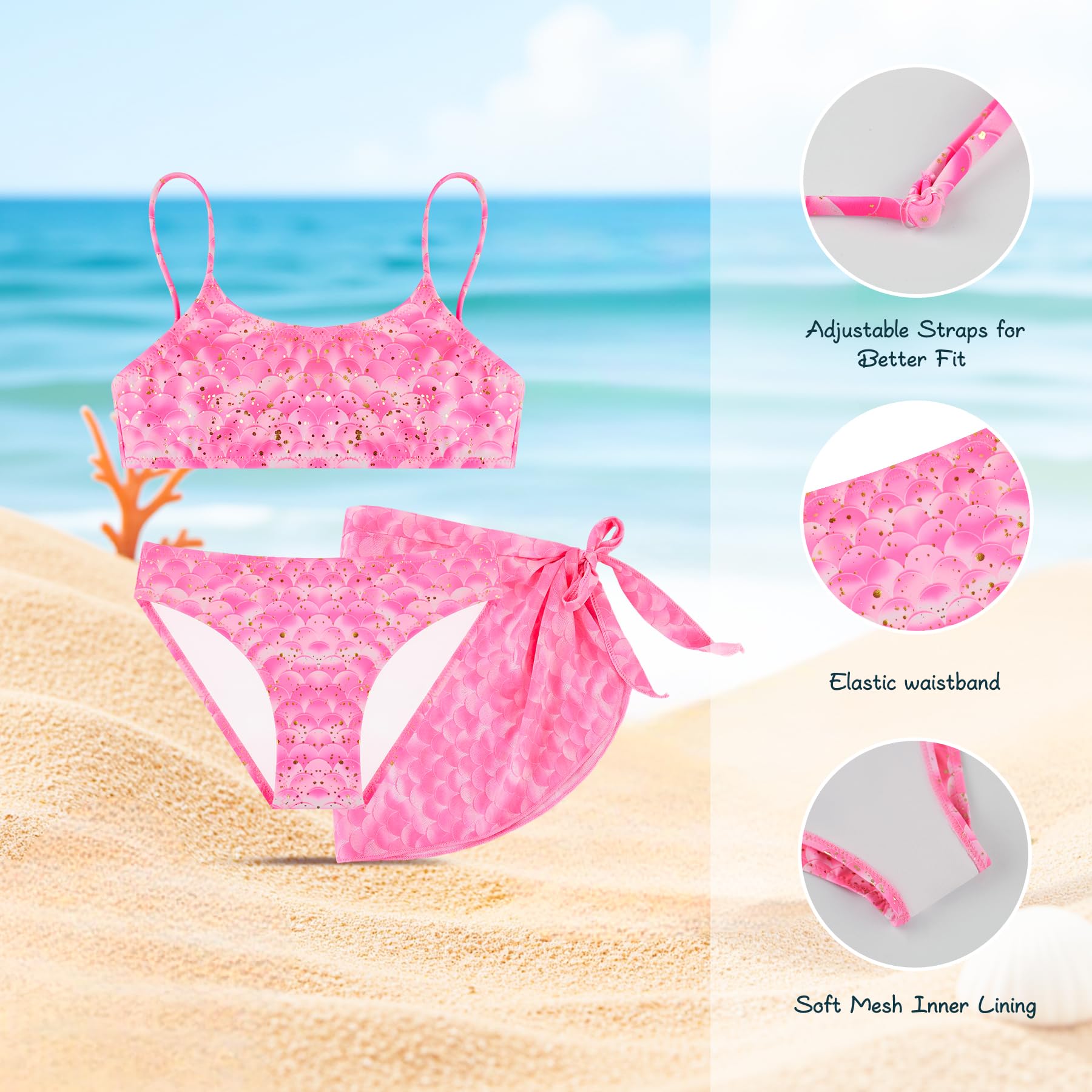 Conjunto Bikini Niña 3 Piezas con Falda Sarong, Bañador Dos Piezas con Tirantes Ajustables, Ropa de Playa y Piscina para Niñas de 4–12 Años
