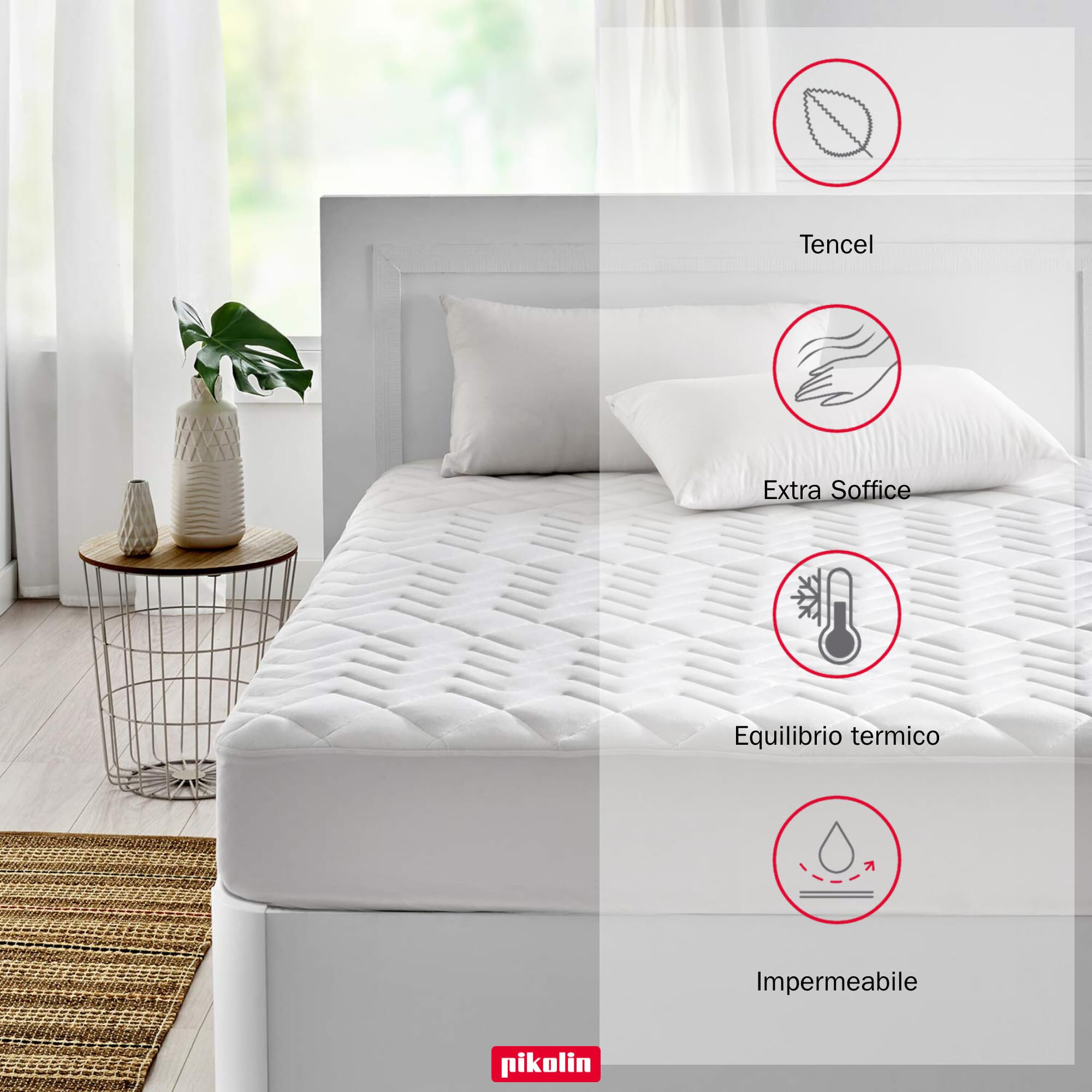 Pikolin Home - Coprimaterasso King Size in Tencel™ Hiper-traspirante, Imbottitura Tatto Piuma, Impermeabile e Termico, 180 x 190/200 cm, Faldone 45 cm