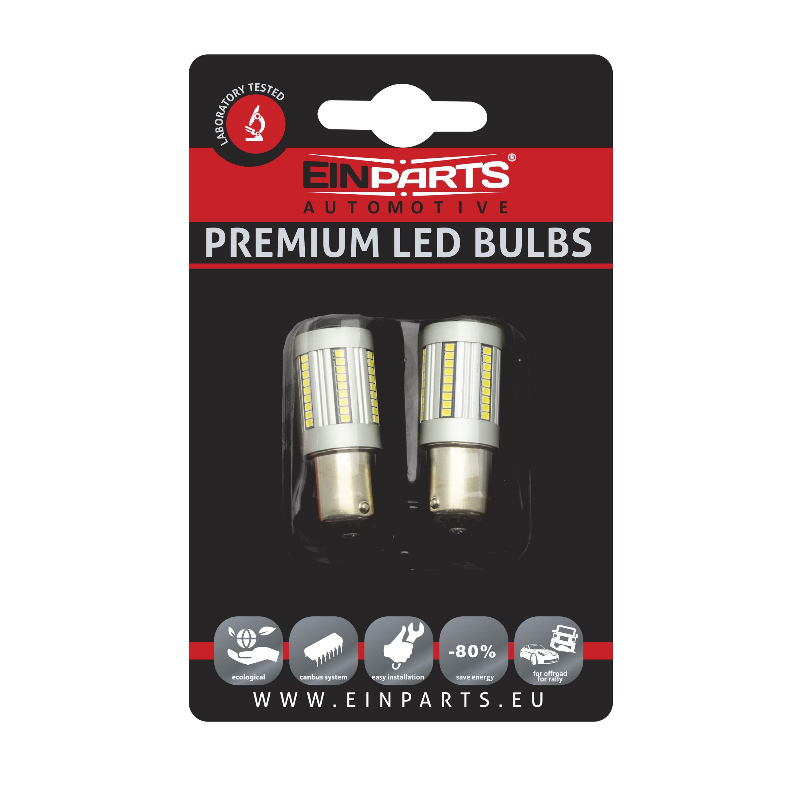 EinParts Żarówki LED P21W 12V 1000-1500K (CZERWONY), System CANBUS, Diody 66x SMD 2016, 2 Sztuki