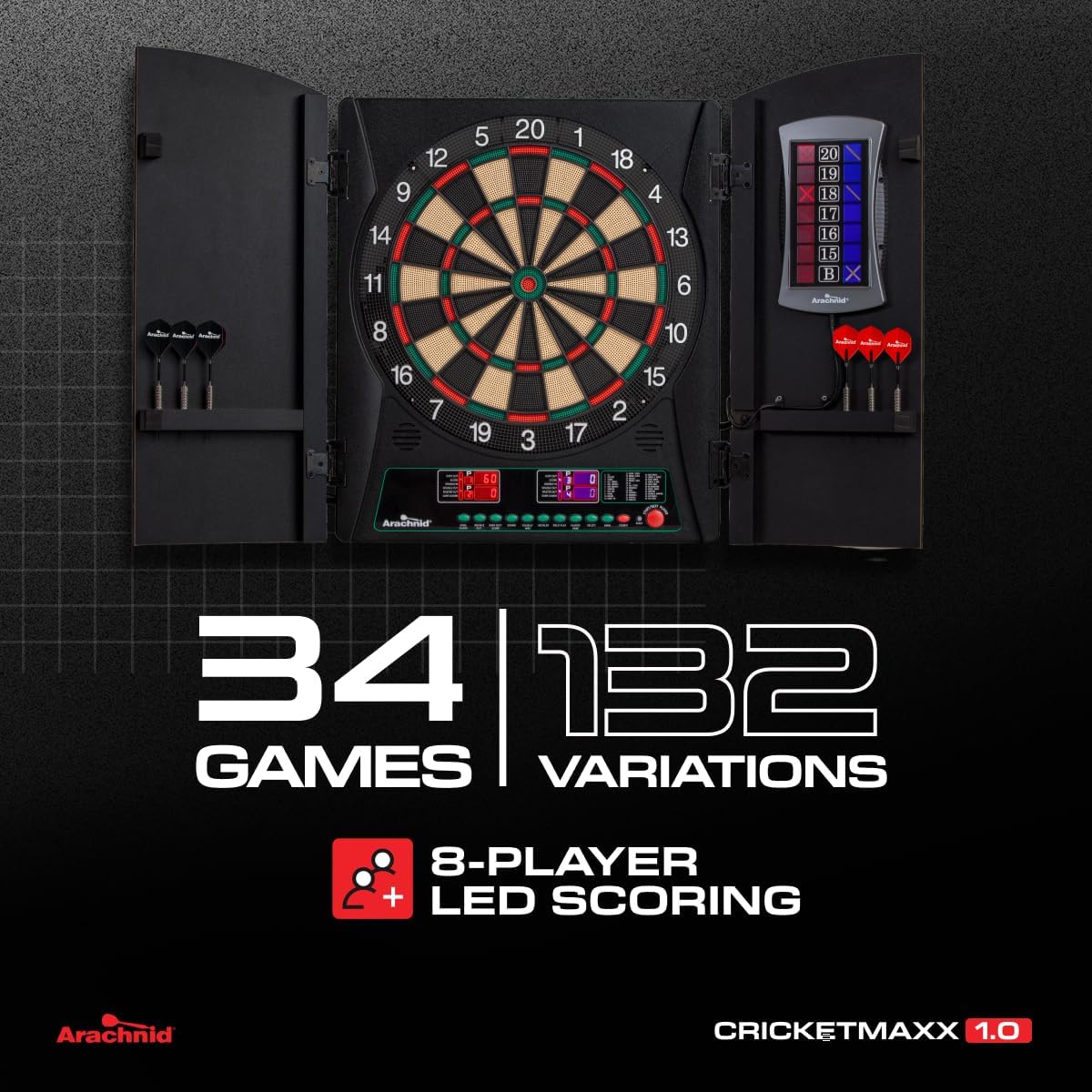 Arachnid CricketMaxx 1.0: 13.5” recreation size with wood cabinet. Features 34 games, 183 variations, 8-player LED X/O scoring, and Heckler mode. Integrated storage for darts and accessories