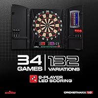 Vista 2 de Arachnid CricketMaxx 1.0: 13.5” recreation size with wood cabinet. Features 34 games, 183 variations, 8-player LED X/O scoring, and Heckler mode.