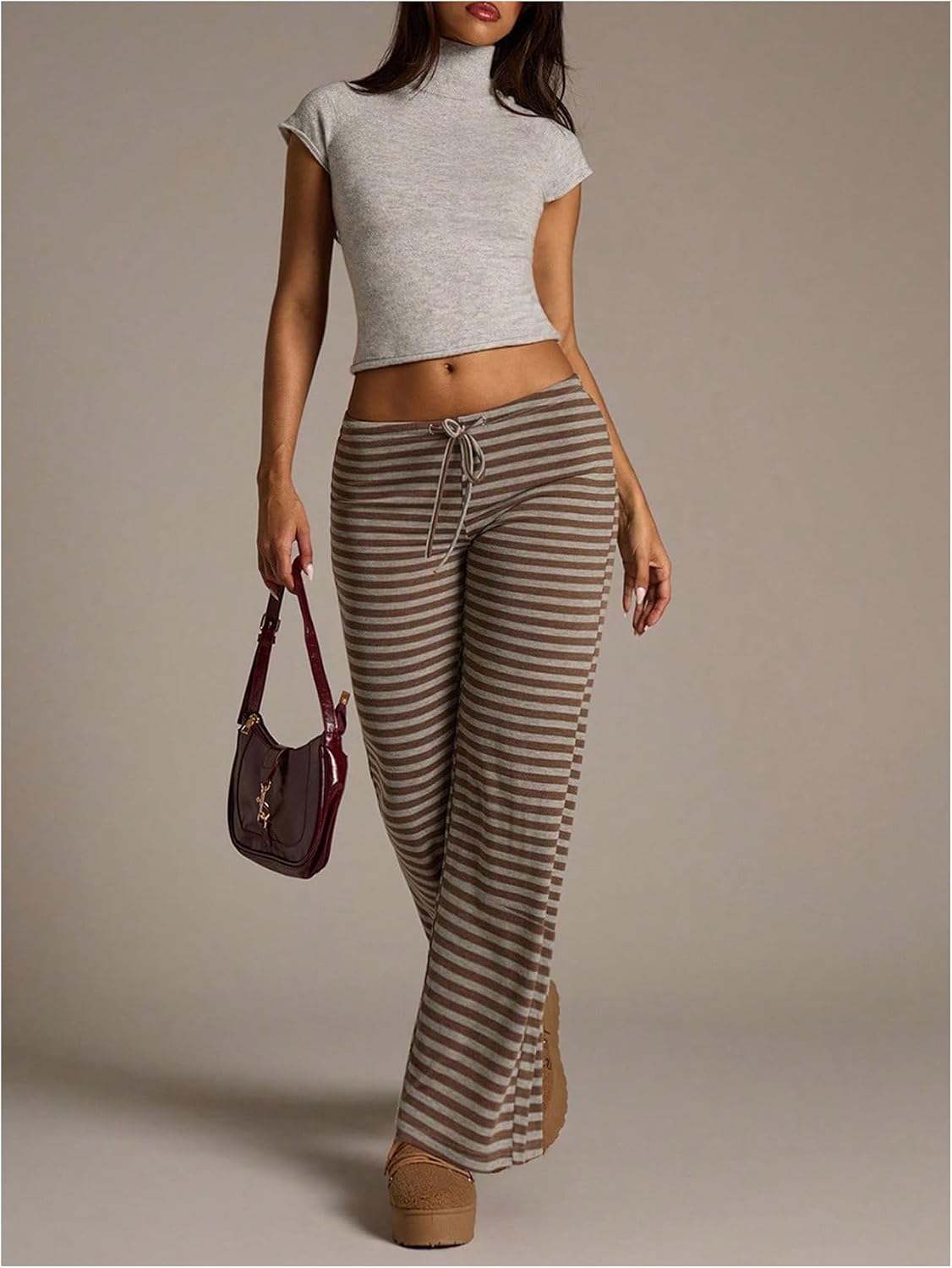 SOLY HUX Women's Striped Pants Drawstring Low Rise Straight Leg Lounge Pants Casual Long Trousers