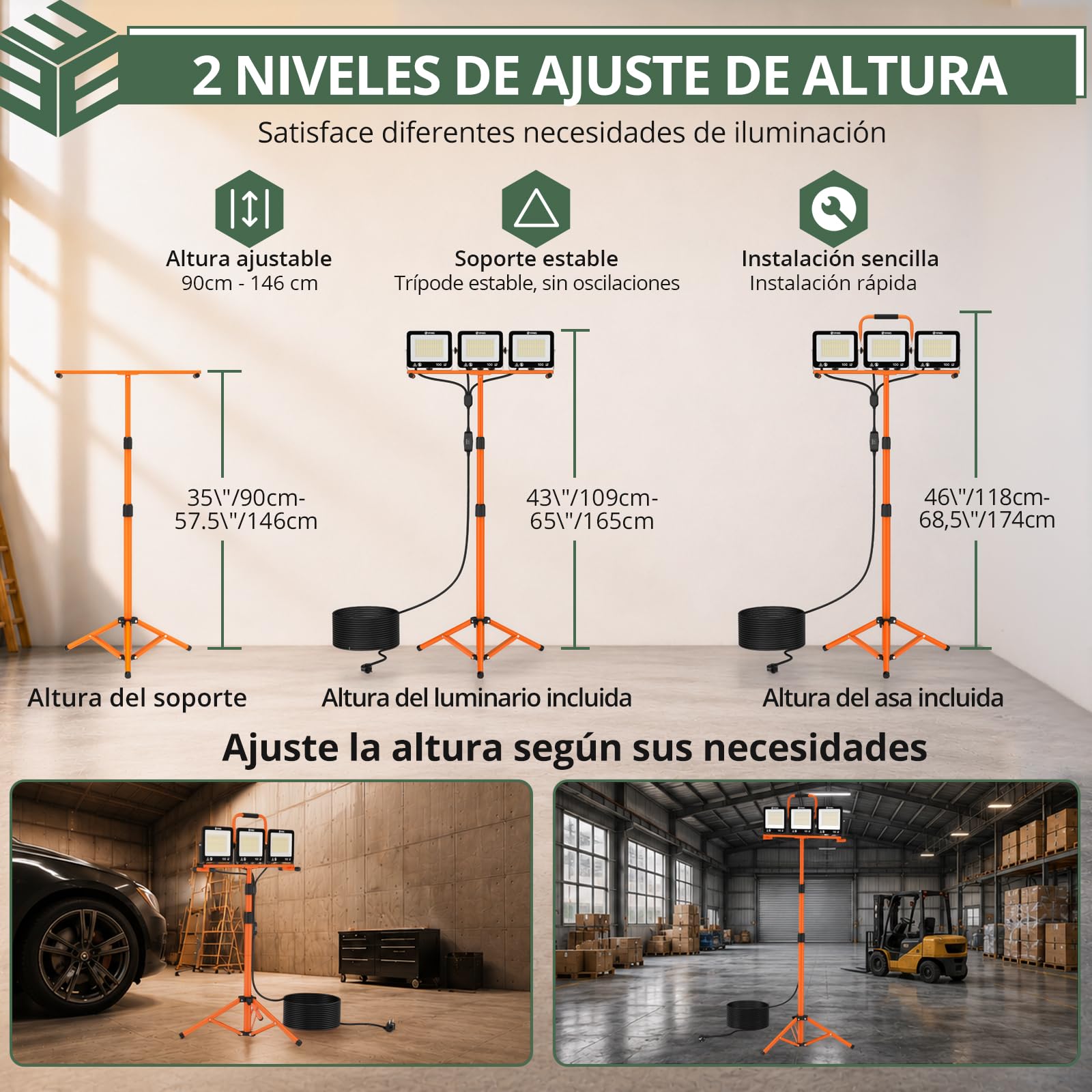 EYPINS 3×100W Foco LED de Trabajo con Trípode Telescópico 1.65m 28500LM | IP66 Impermeable, 3 Temperaturas de Color(3000K/5000K/6500K),5m Cable,Rotación 360°, Construcción Taller Reparaciones Jardin