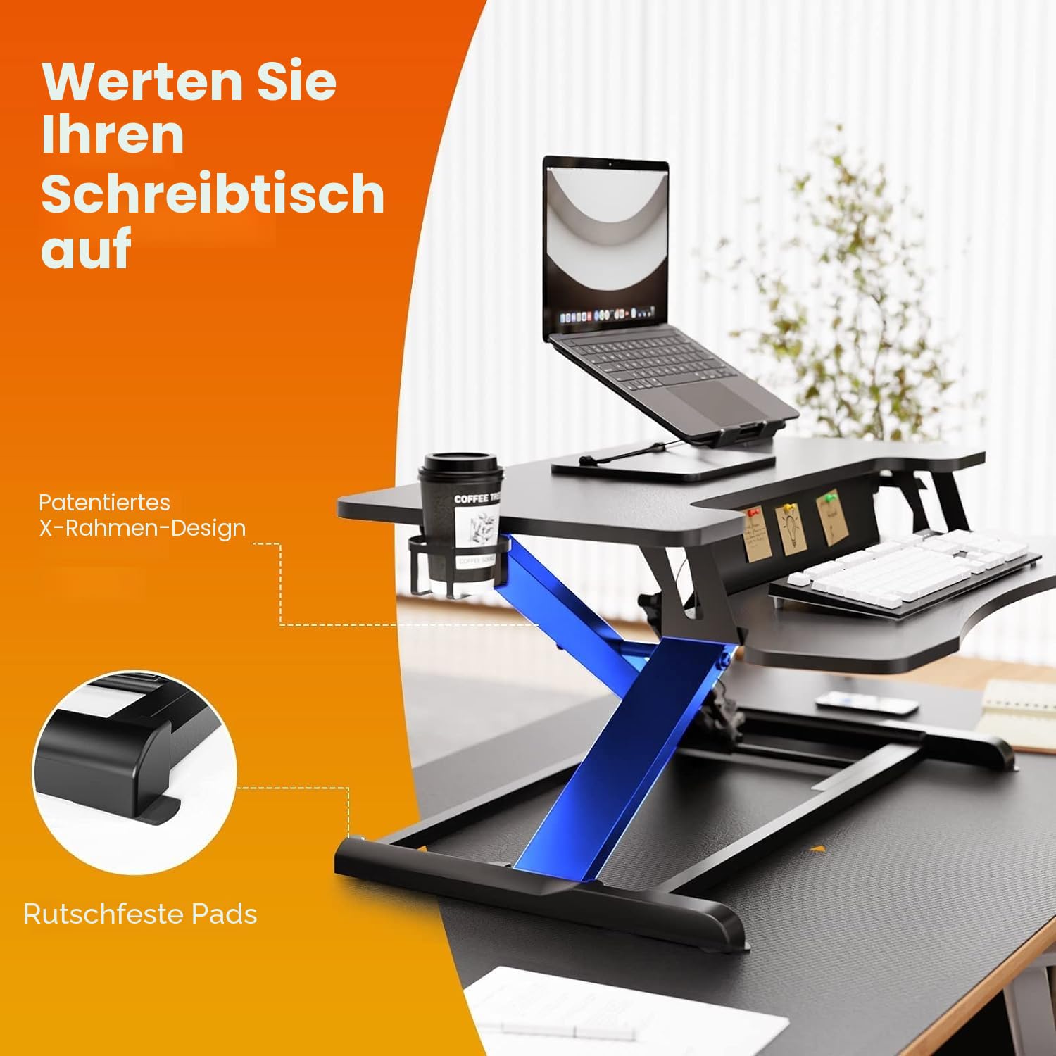 PUTORSEN Steh-Sitz Schreibtisch, 37'' Zweistufige Stehpult Konverter mit Tastaturablage, Höhenverstellbarer Stehpult Riser mit Tassenhalter und Notizbrett bis zu 15kg, Schwarz