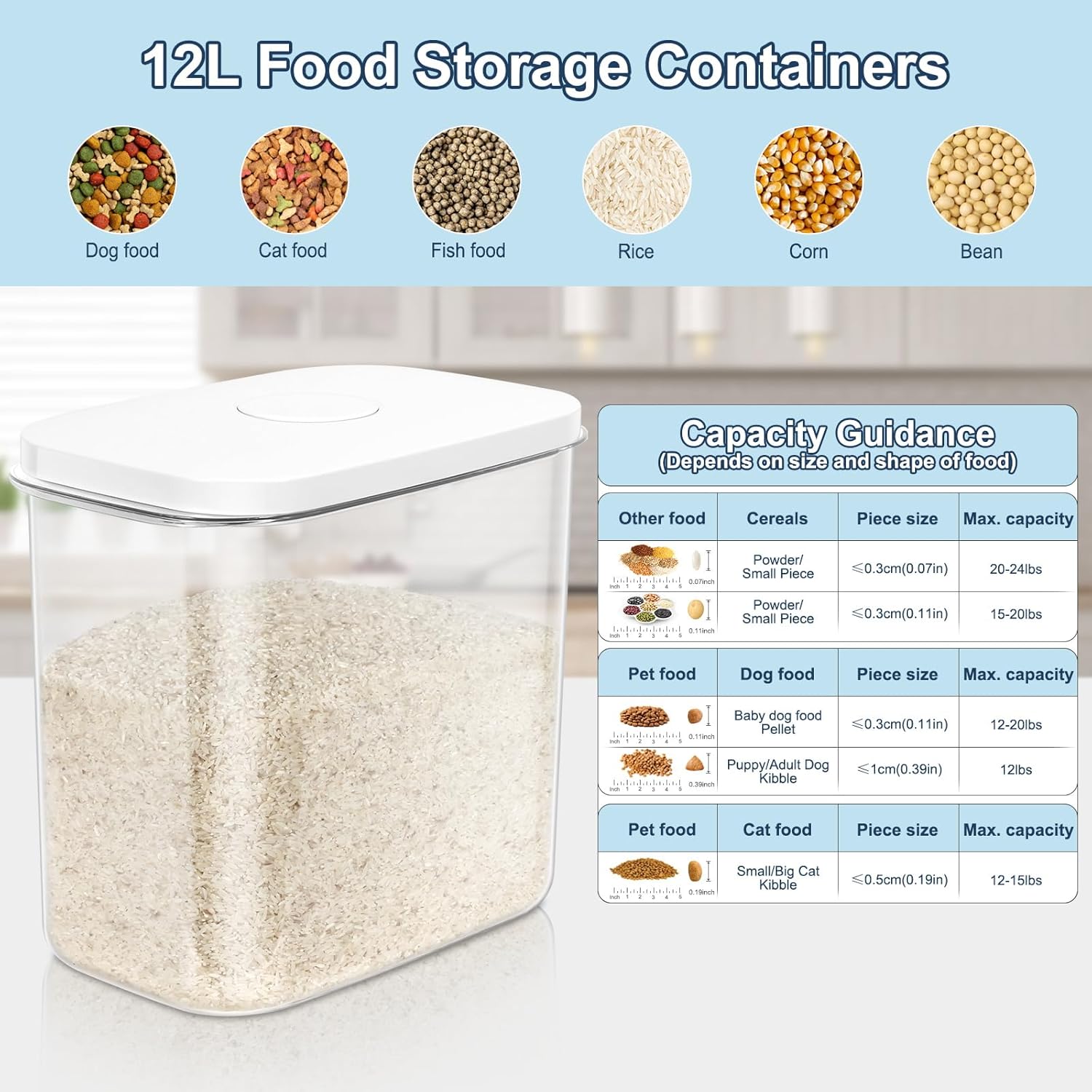 Rice Container, Flour Sugar Storage Containers BPA Free, Air tight Plastic Kitchen and Pantry Organization Bin for Pet Food/Dry Food/Cereal/Oat/spaghetti/snack (White-12L, 13Qt)